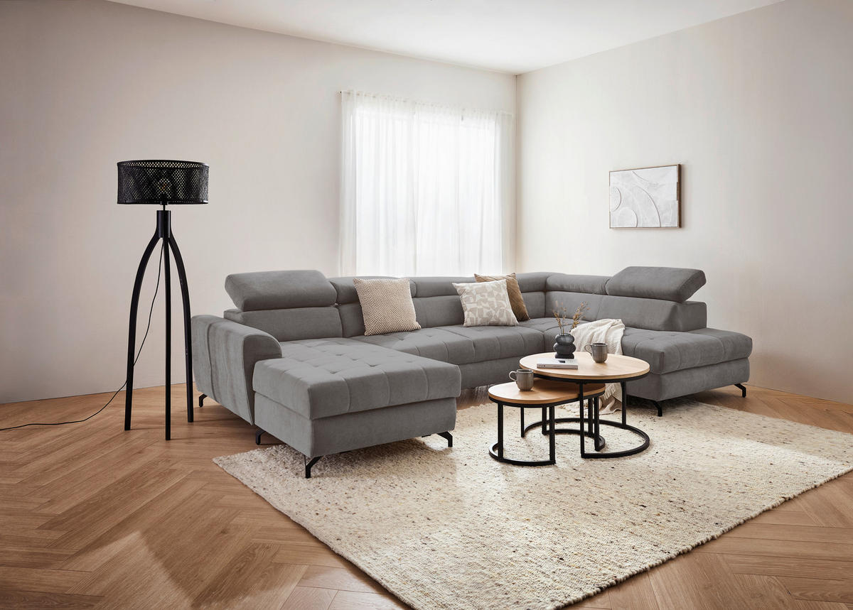 WOHNLANDSCHAFT Grau Struktur  - Schwarz/Grau, Design, Textil/Metall (177/327/203cm) - Stylife