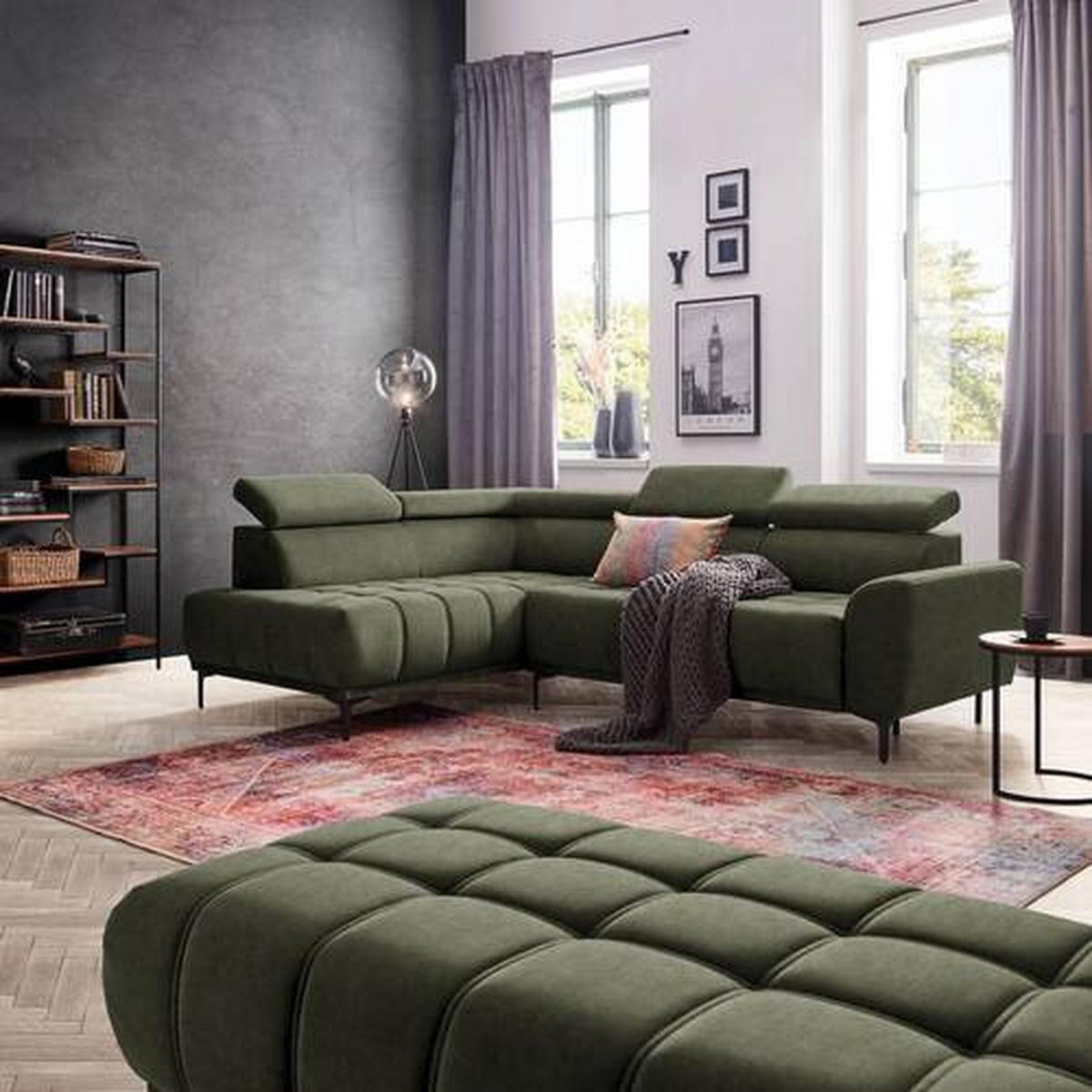 ECKSOFA in Velours Grün  - Schwarz/Grün, Design, Textil/Metall (191/261cm) - Stylife