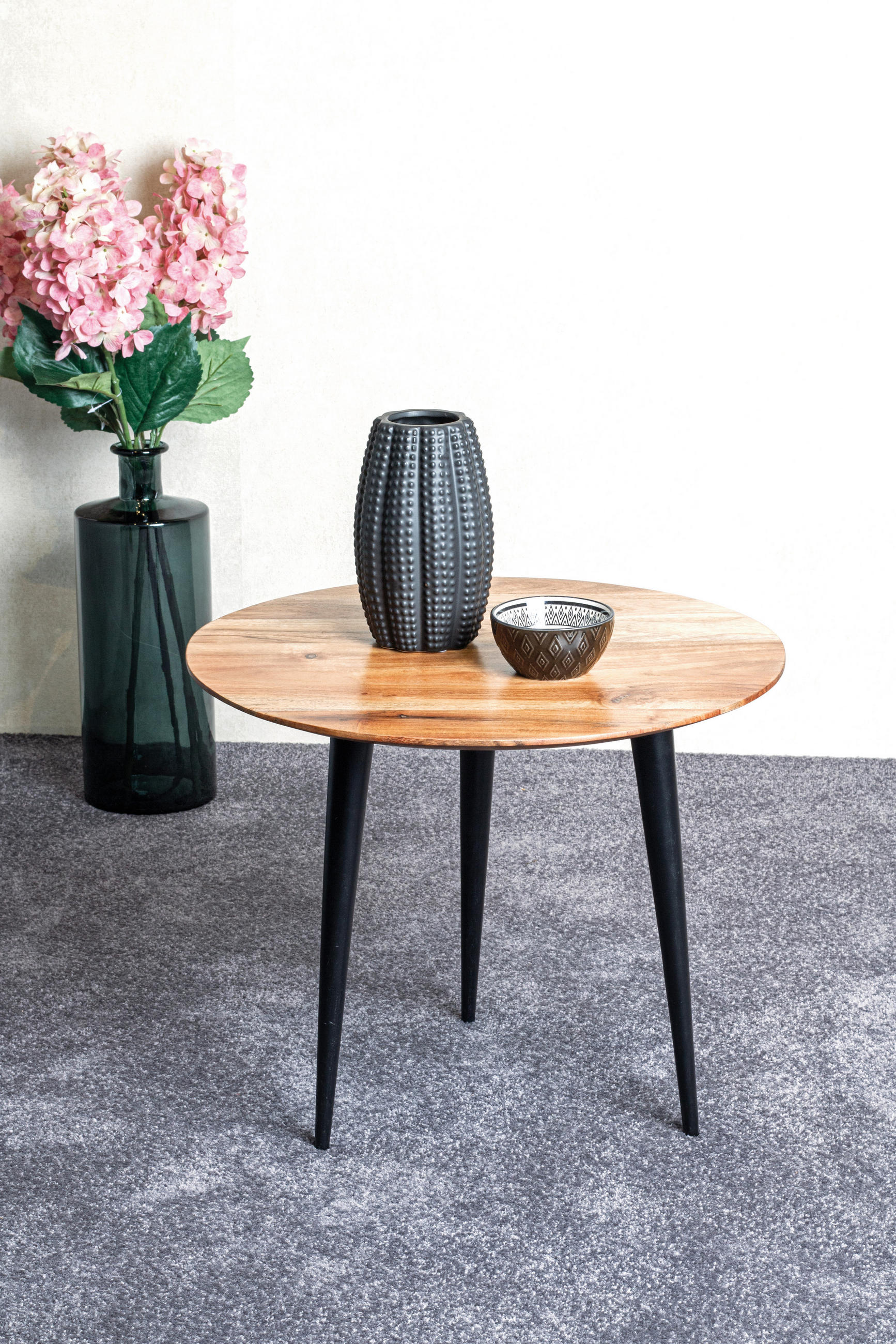 BEISTELLTISCH 50/50/41 cm Akazie massiv Schwarz, Akaziefarben rund  - Schwarz/Akaziefarben, KONVENTIONELL, Holz/Metall (50/50/41cm)