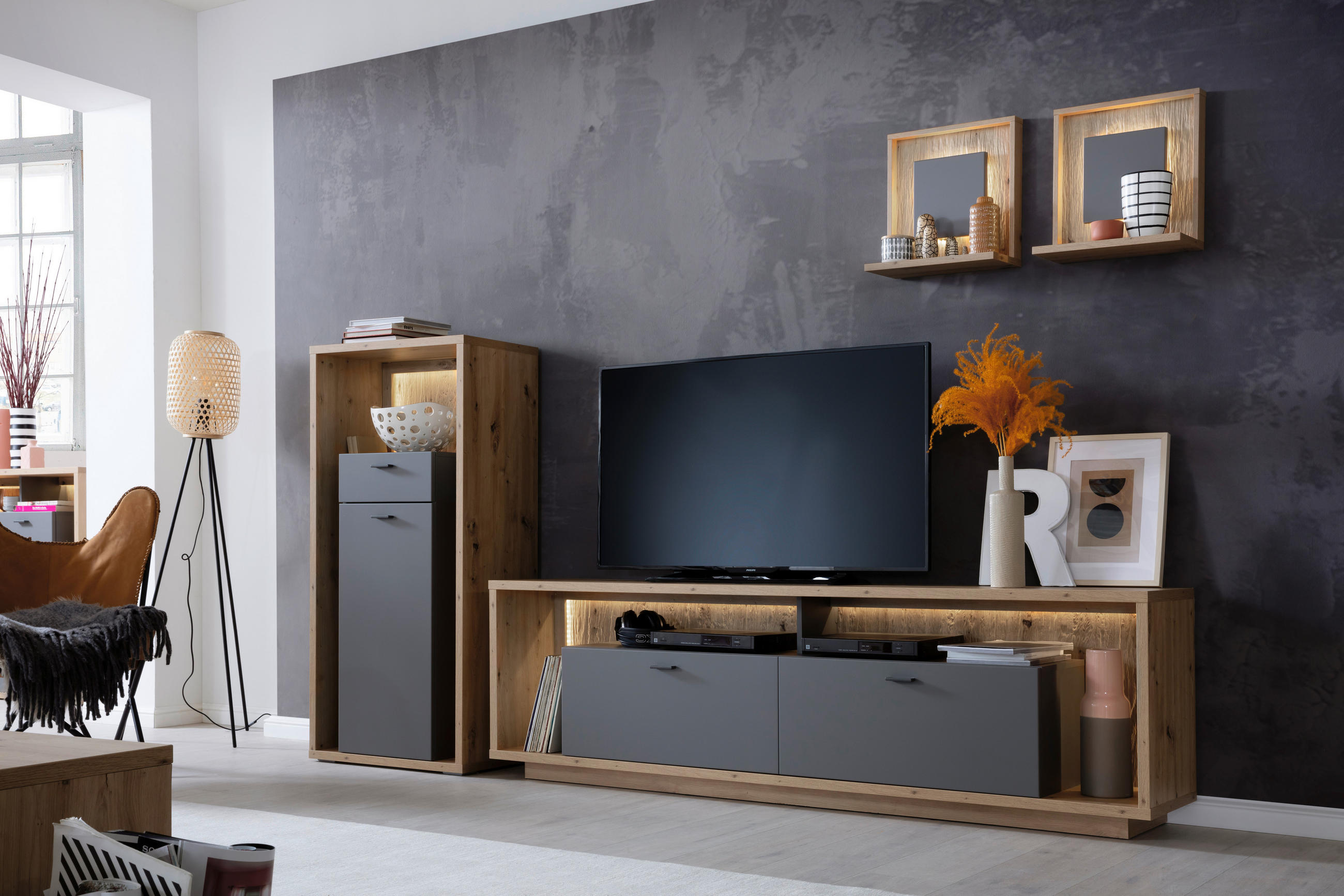 WOHNWAND  in Grau, Eichefarben 286/200/40 cm  - Eichefarben/Grau, Design, Holzwerkstoff/Metall (286/200/40cm) - MID.YOU