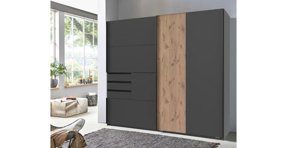 SCHWEBETÜRENSCHRANK  in Graphitfarben, Eichefarben  - Eichefarben/Schwarz, Trend, Holzwerkstoff/Metall (180/198/65cm) - Carryhome