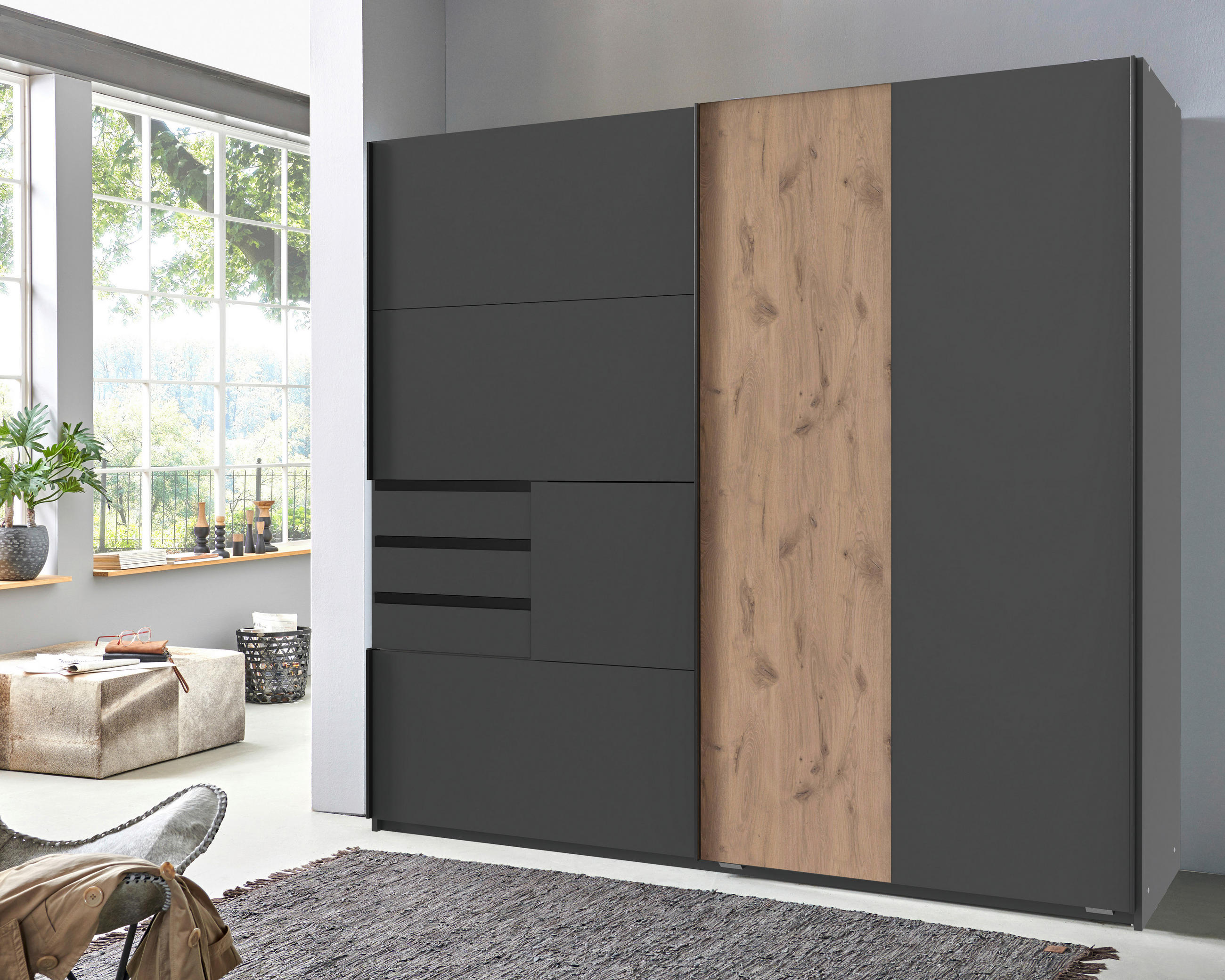 SCHWEBETÜRENSCHRANK in Graphitfarben, Eichefarben  - Eichefarben/Schwarz, Trend, Holzwerkstoff/Metall (180/198/65cm) - Carryhome