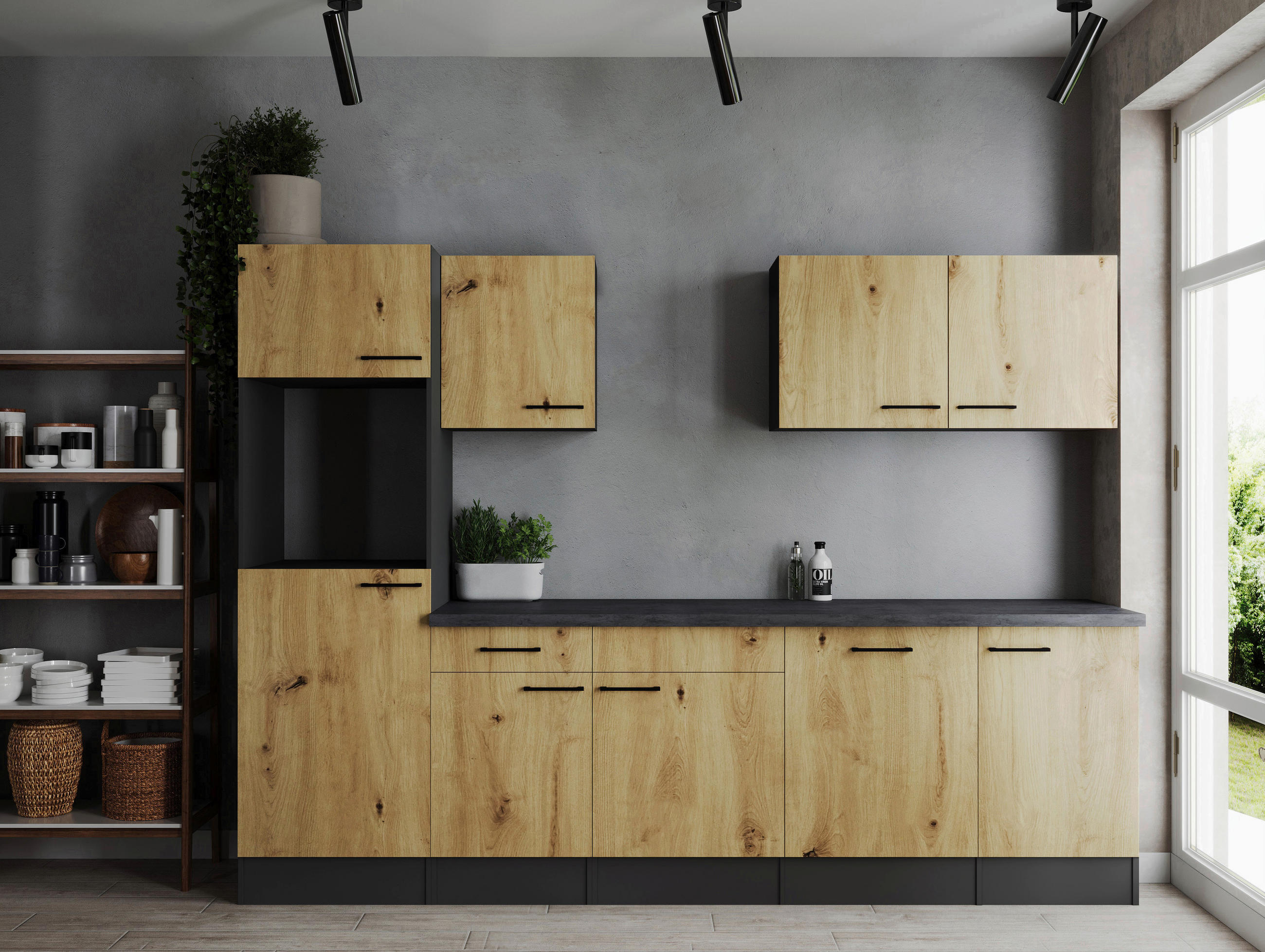 MODULKÖK UTAN VITVAROR 280 cm   i ek Artisan  - svart/grå, Design, metall/trämaterial (280cm) - Respekta