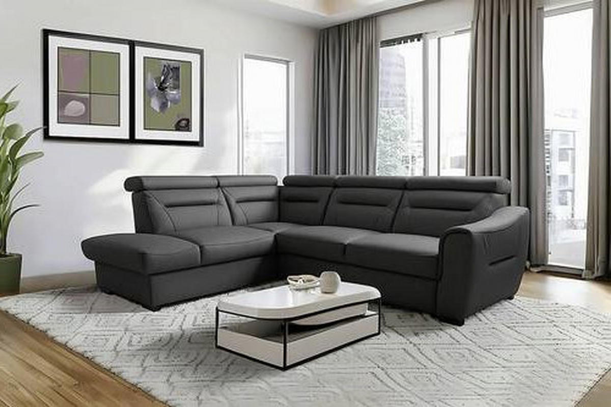 ECKSOFA Anthrazit Echtleder Lederlook Bettkasten, Schlaffunktion, Rücken echt, Kopfteilverstellung  - Wengefarben/Anthrazit, Design, Leder/Holz (212/260cm) - Celina Home