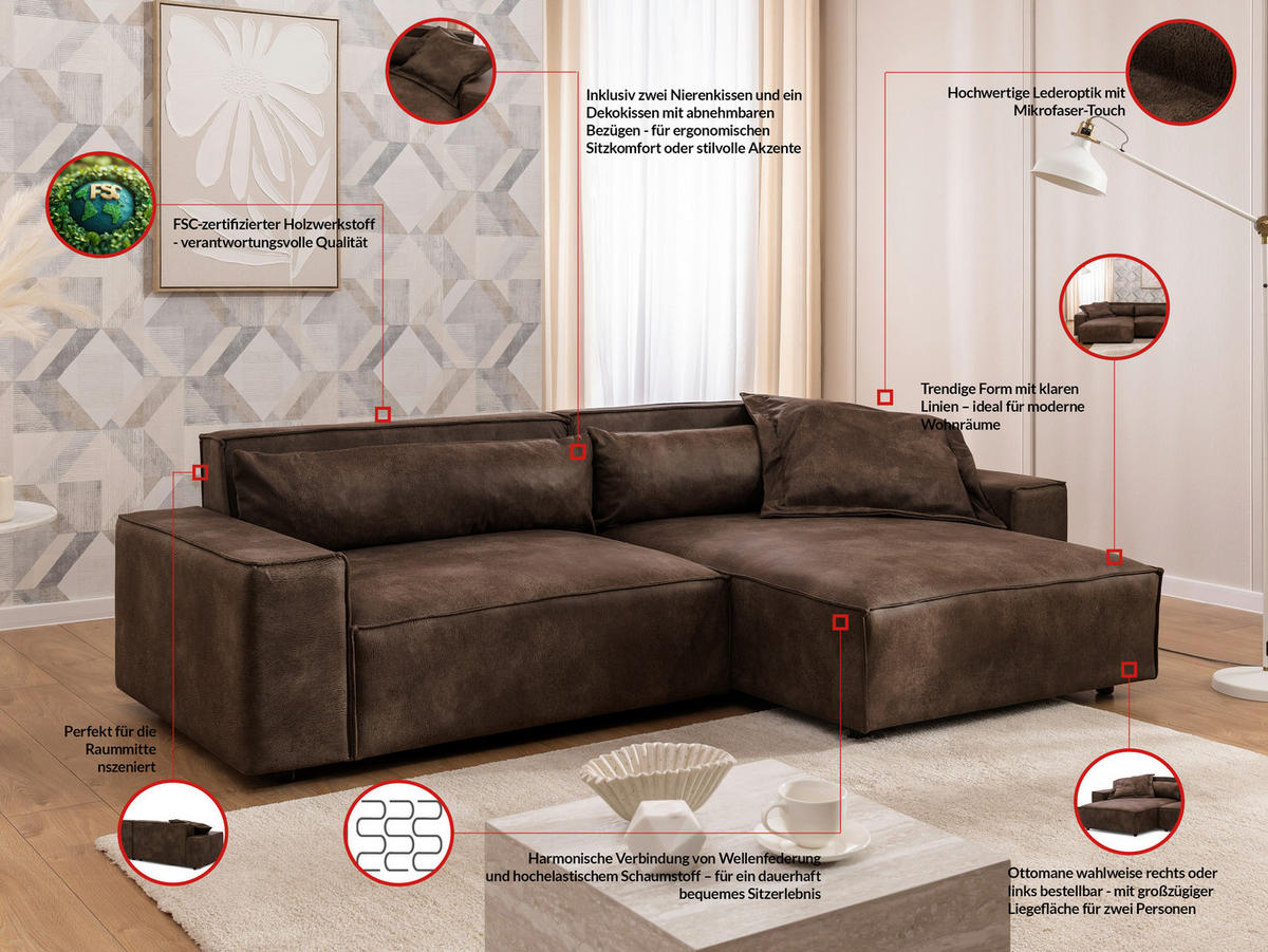 ECKSOFA Curduroy in Lederlook Braun Rückenkissen  251/142 cm  - Schwarz/Braun, Design, Kunststoff/Textil (251/142cm) - P & B