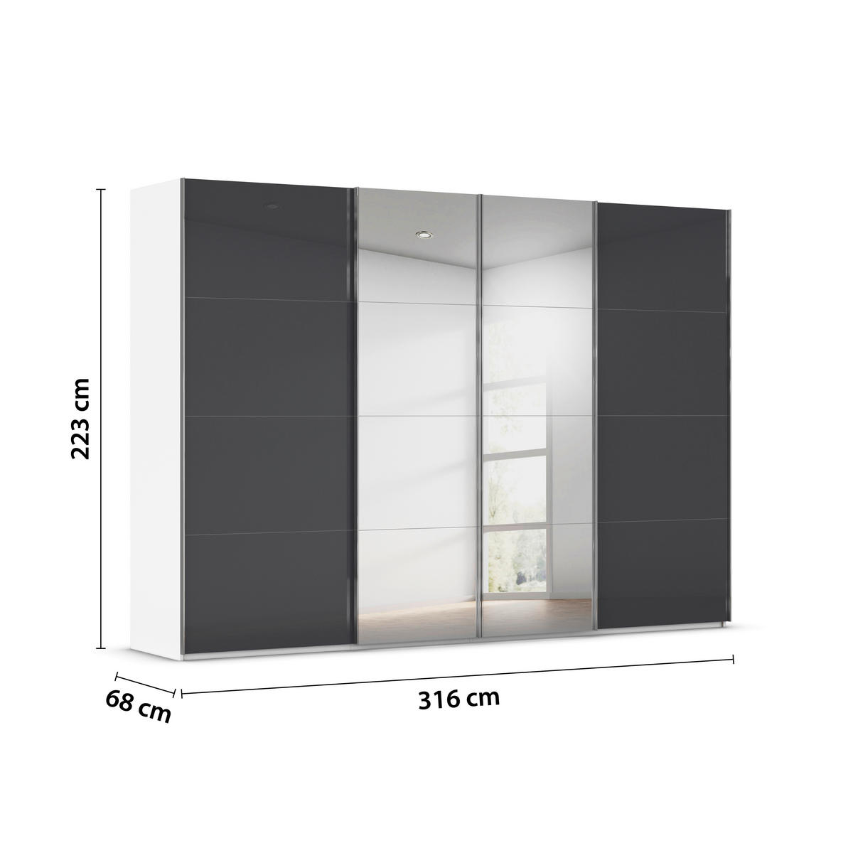 SCHWEBETÜRENSCHRANK 316/223/68 cm 4-türig Schwarz, Weiß  - Chromfarben/Schwarz, Design, Glas/Holzwerkstoff (316/223/68cm) - Novel
