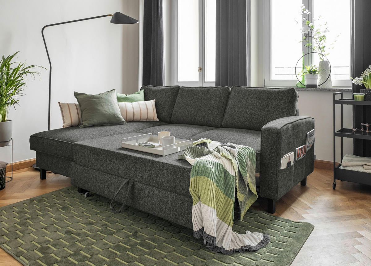 ECKSOFA in Struktur Dunkelgrau  - Dunkelgrau/Schwarz, Holz/Textil (148/228cm) - MID.YOU