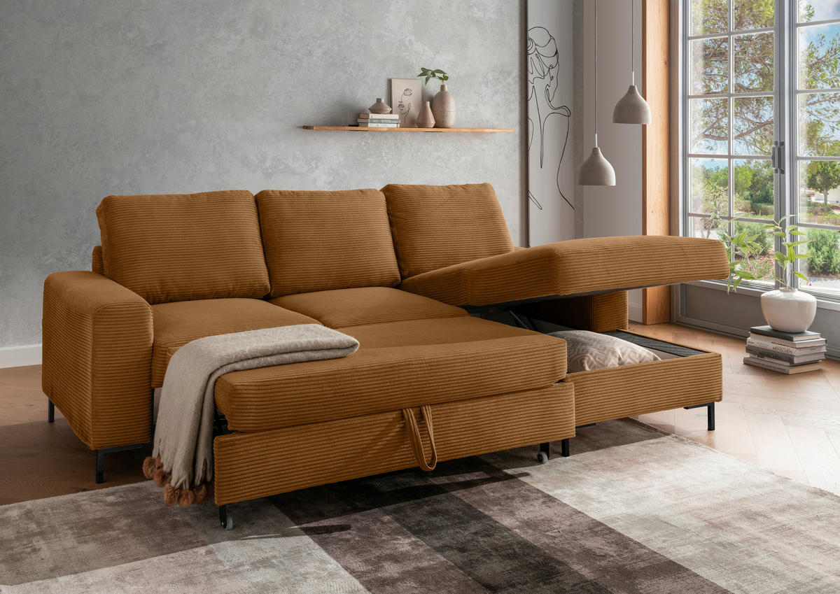 ECKSCHLAFSOFA in Cord Goldfarben  - Goldfarben/Schwarz, KONVENTIONELL, Textil/Metall (237/143cm) - Livetastic