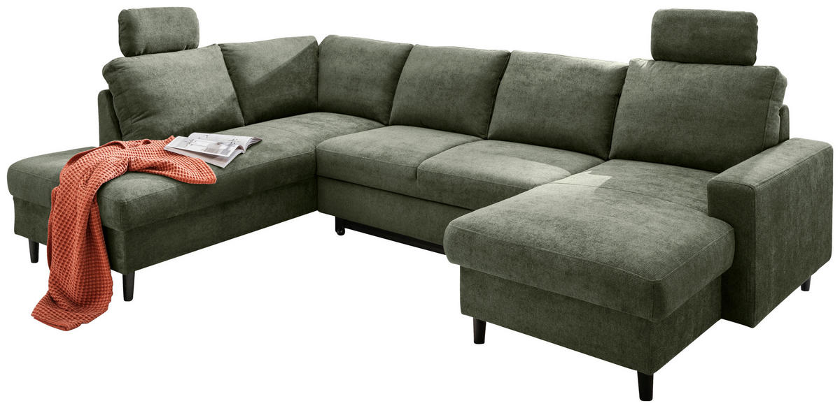 WOHNLANDSCHAFT in Chenille Dunkelgrün  - Dunkelgrün/Schwarz, Modern, Holz/Textil (200/305/153cm) - Livetastic