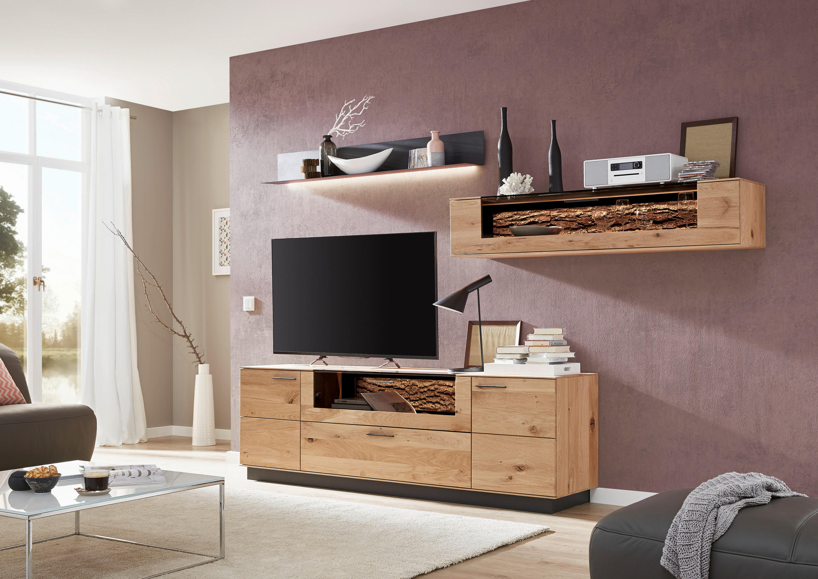 WOHNWAND Lavia  in Anthrazit, Eichefarben  318/223/49 cm  - Eichefarben/Anthrazit, Design, Glas/Holz (318/223/49cm) - Valnatura