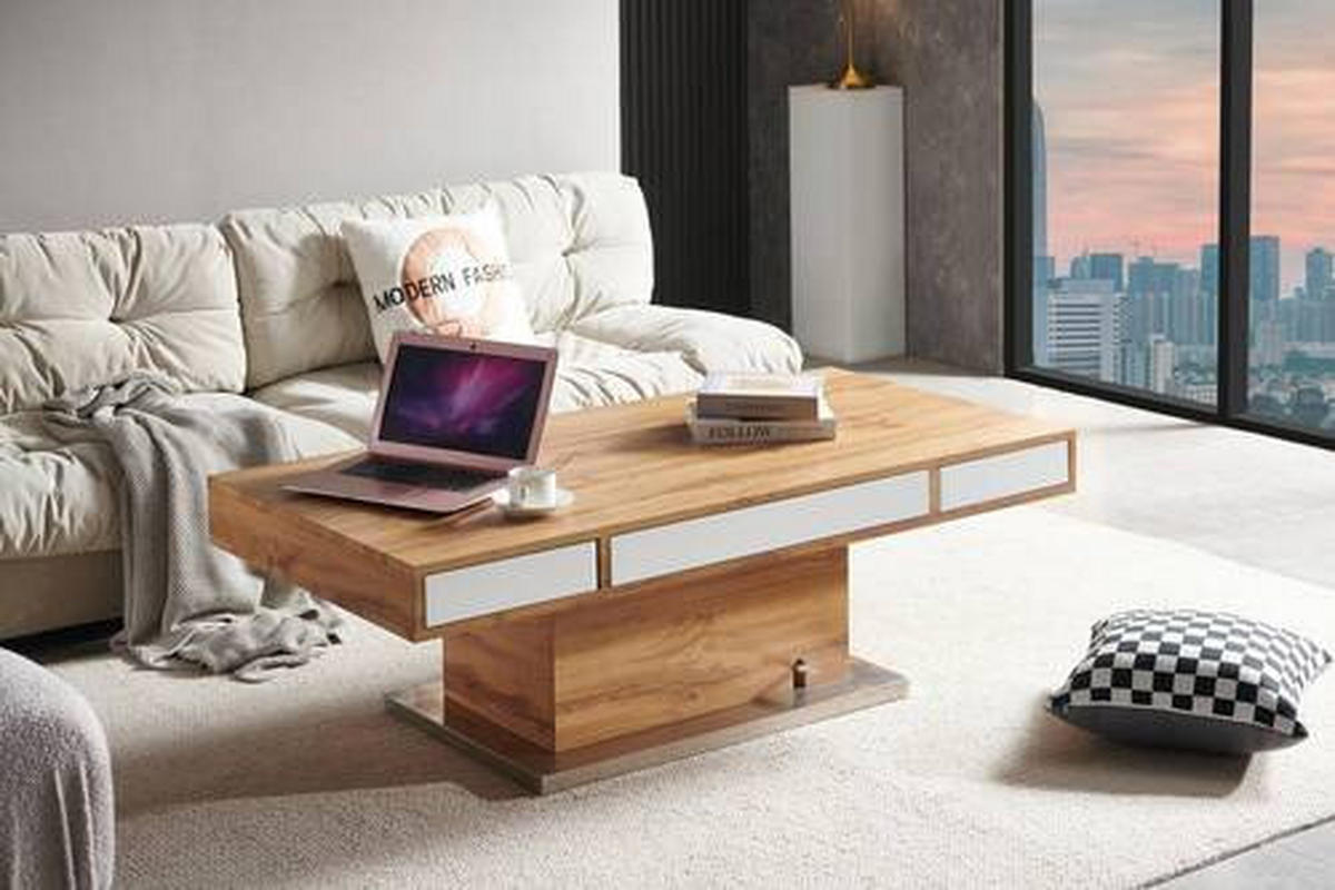 COUCHTISCH in Metall, Holzwerkstoff 140/70/48-77 cm  - Weiss/Eichefarben, Design, Holzwerkstoff/Metall (140/70/48-77cm) - Livetastic