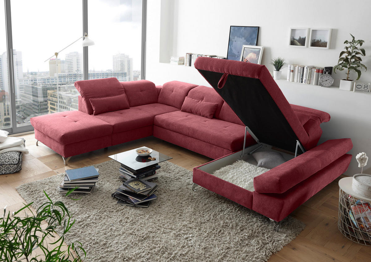 WOHNLANDSCHAFT  in Mikrovelours Beere  - Beere/Silberfarben, MODERN, Textil/Metall (245/350/168cm) - MID.YOU