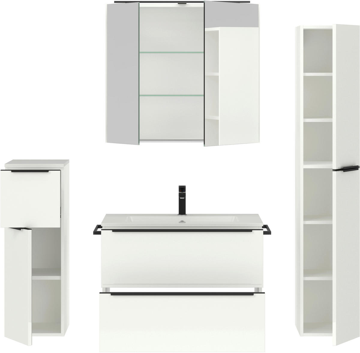 BADEZIMMER 5-teilig  in 141 cm  - Weiß Hochglanz/Schwarz, MODERN, Holzwerkstoff/Stein (141cm) - Nobilia
