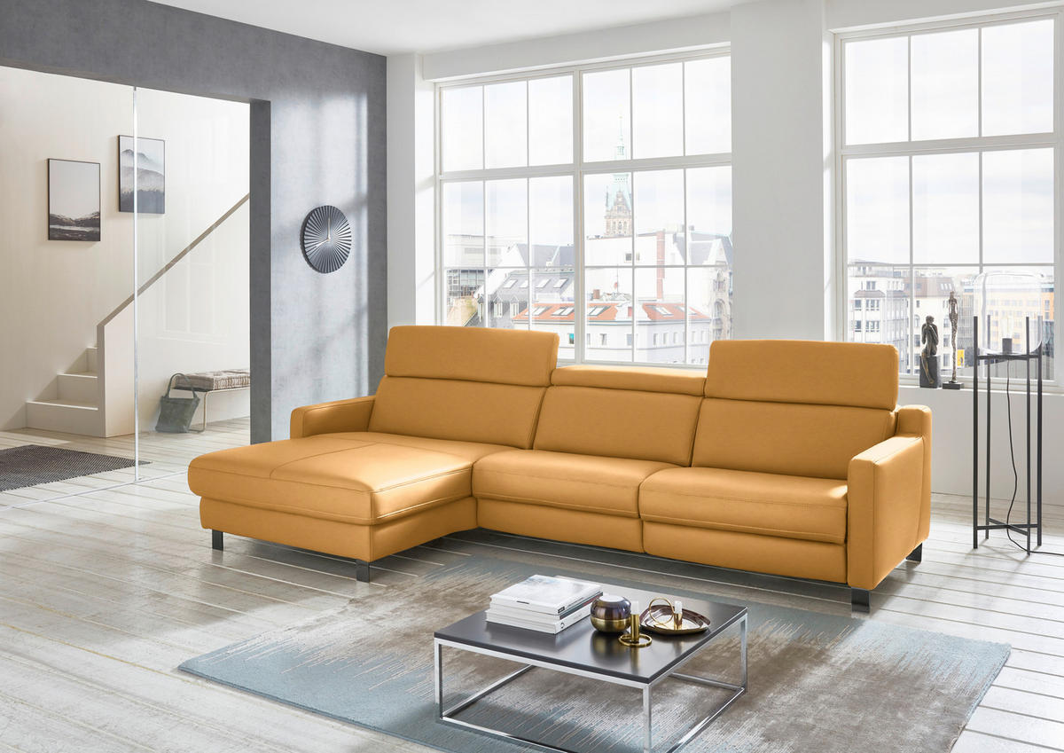 ECKSOFA in Echtleder Currygelb  - Currygelb/Schwarz, Design, Leder/Metall (176/291cm) - Valdera