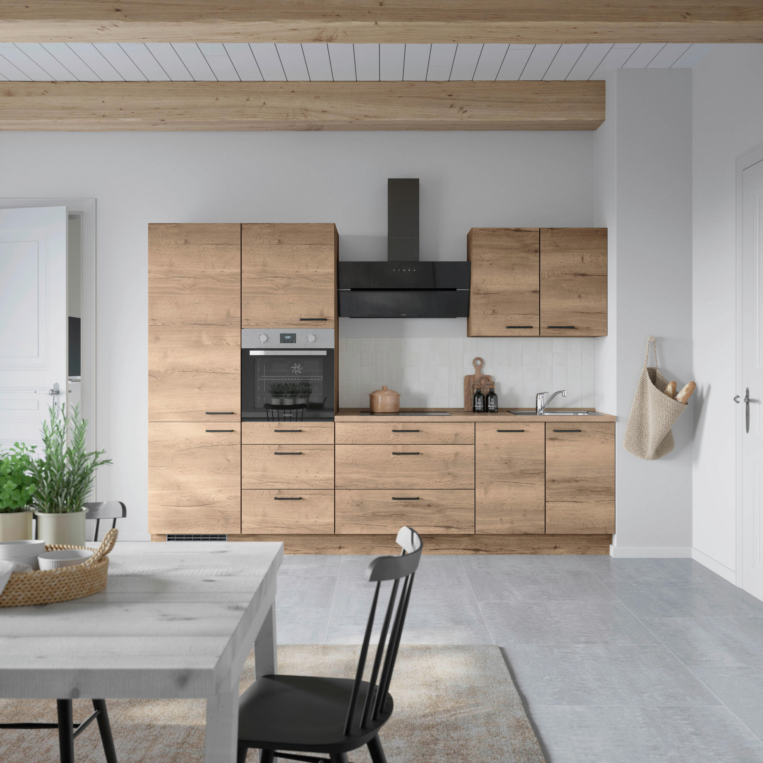BUCĂTĂRIE FĂRĂ ELECTROCASNICE  - stejar închis la culoare/negru, Modern, metal/material pe bază de lemn (300cm) - Nobilia