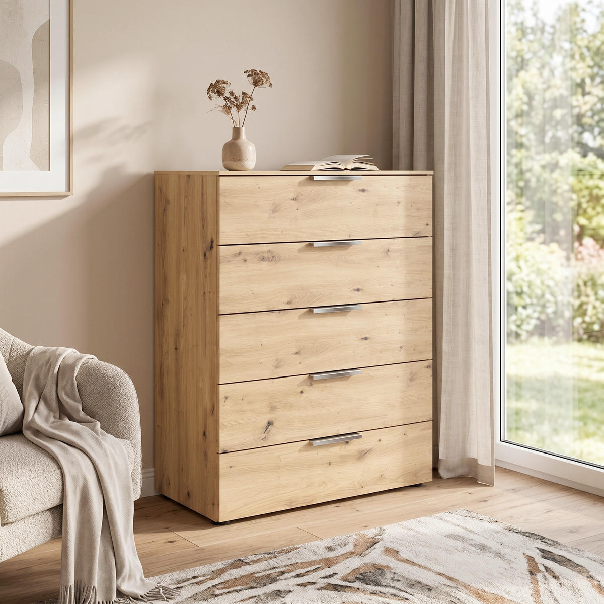 BYRÅ 80/100/42 cm  - kromfärg/ek Artisan, Modern, metall/trämaterial (80/100/42cm) - Rauch Möbel