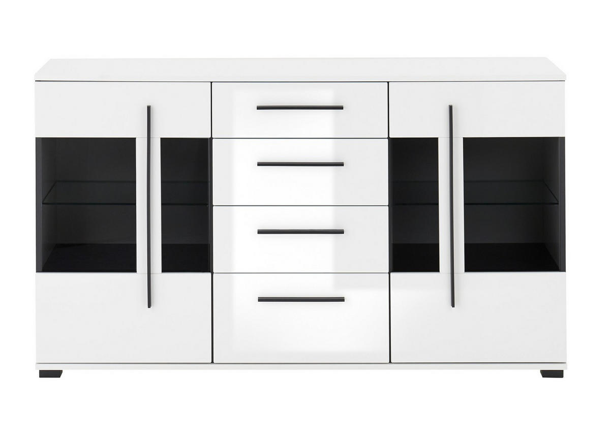 SIDEBOARD  150/86/42 cm 4 Schublade(n)  - Weiß Hochglanz/Schwarz, Design, Glas/Holzwerkstoff (150/86/42cm) - Livetastic