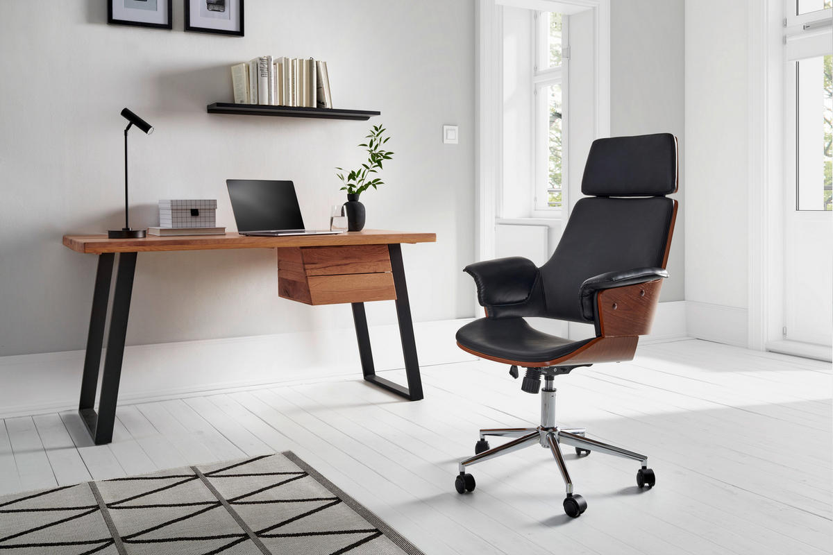 CHEFSESSEL Lederlook Schwarz, Chromfarben, Walnussfarben  - Chromfarben/Walnussfarben, MODERN, Holz/Kunststoff (67/113-123/64cm) - Livetastic