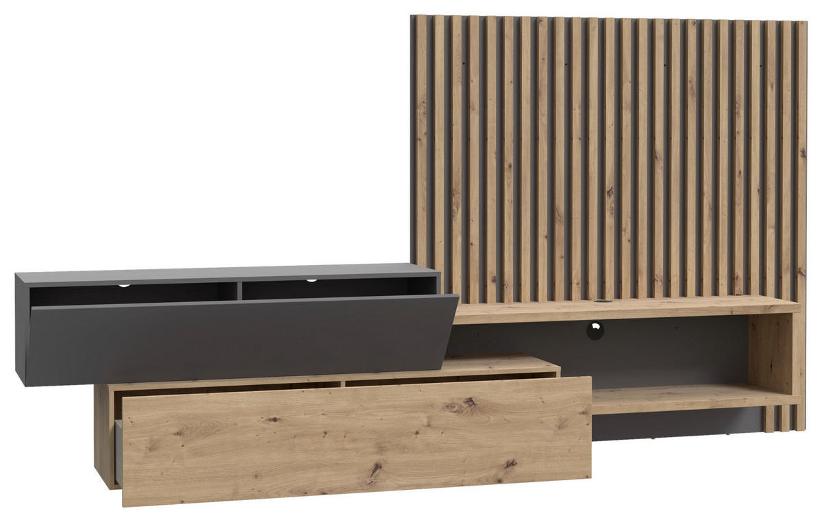 WOHNWAND  in Grau, Eiche Artisan 288,5/152,5/42,5 cm  - Eiche Artisan/Grau, Modern, Holzwerkstoff (288,5/152,5/42,5cm) - Carryhome
