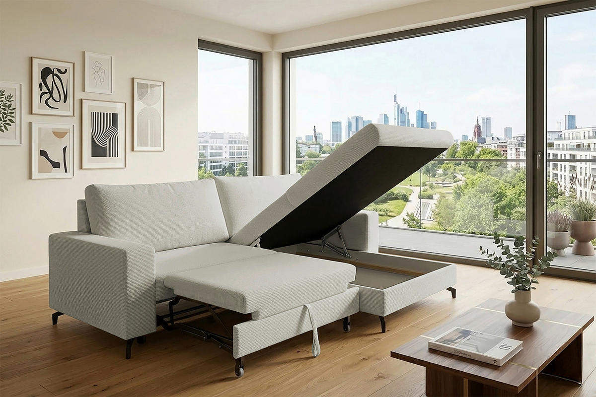 ECKSOFA CLARA Creme Rückenkissen, Bettkasten, Liegefläche im Originalstoff  - Creme, MODERN, Textil (240/177cm) - P & B