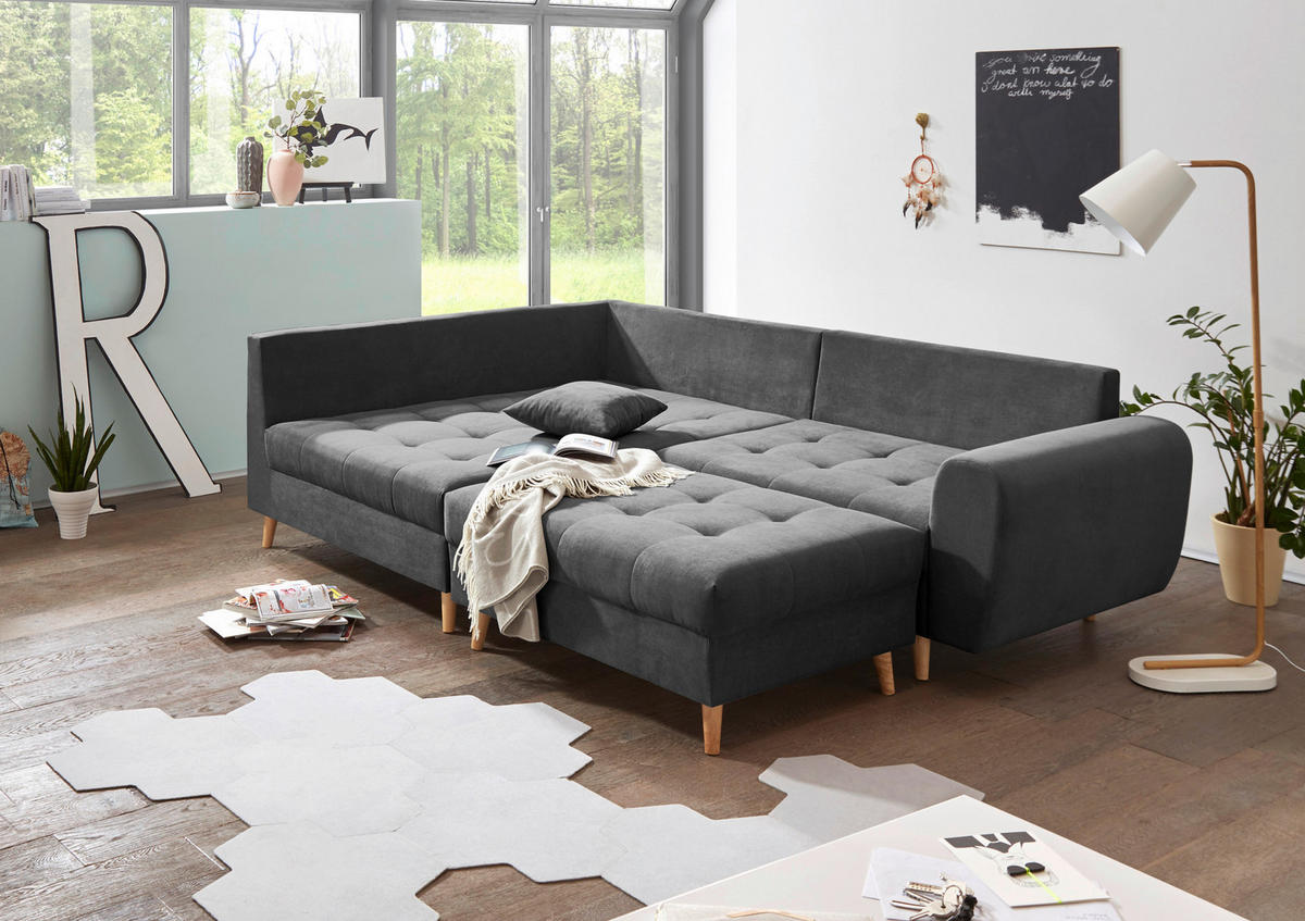 HOCKER Mikrovelours Anthrazit  - Anthrazit/Kieferfarben, KONVENTIONELL, Holz/Textil (106/48/80cm) - MID.YOU