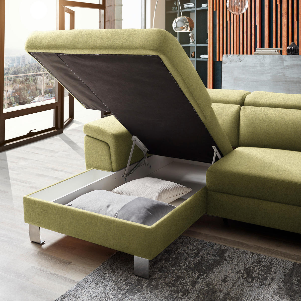 ECKSOFA in Webstoff Grün  - Silberfarben/Grün, Design, Textil/Metall (167/250cm) - Xora