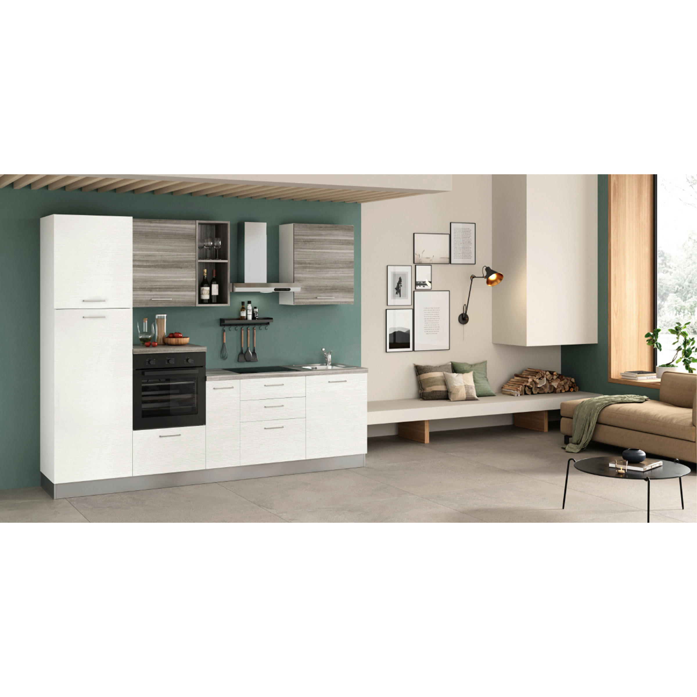 KÜCHENBLOCK 270 cm   in Weiß, Graubraun, Eukalyptusholzfarben  - Edelstahlfarben/Eukalyptusholzfarben, LIFESTYLE, Holzwerkstoff/Metall (270cm) - MID.YOU