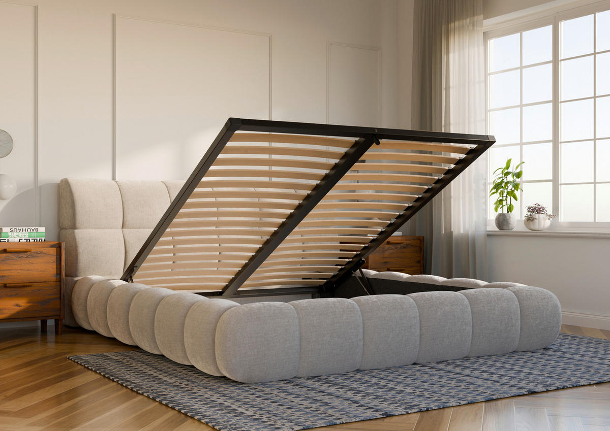 POLSTERBETT 180/200 cm,  in Beige, Lattenrost, Bettkasten,  - Beige/Schwarz, Design, Holz/Textil (180/200cm) - Chameo