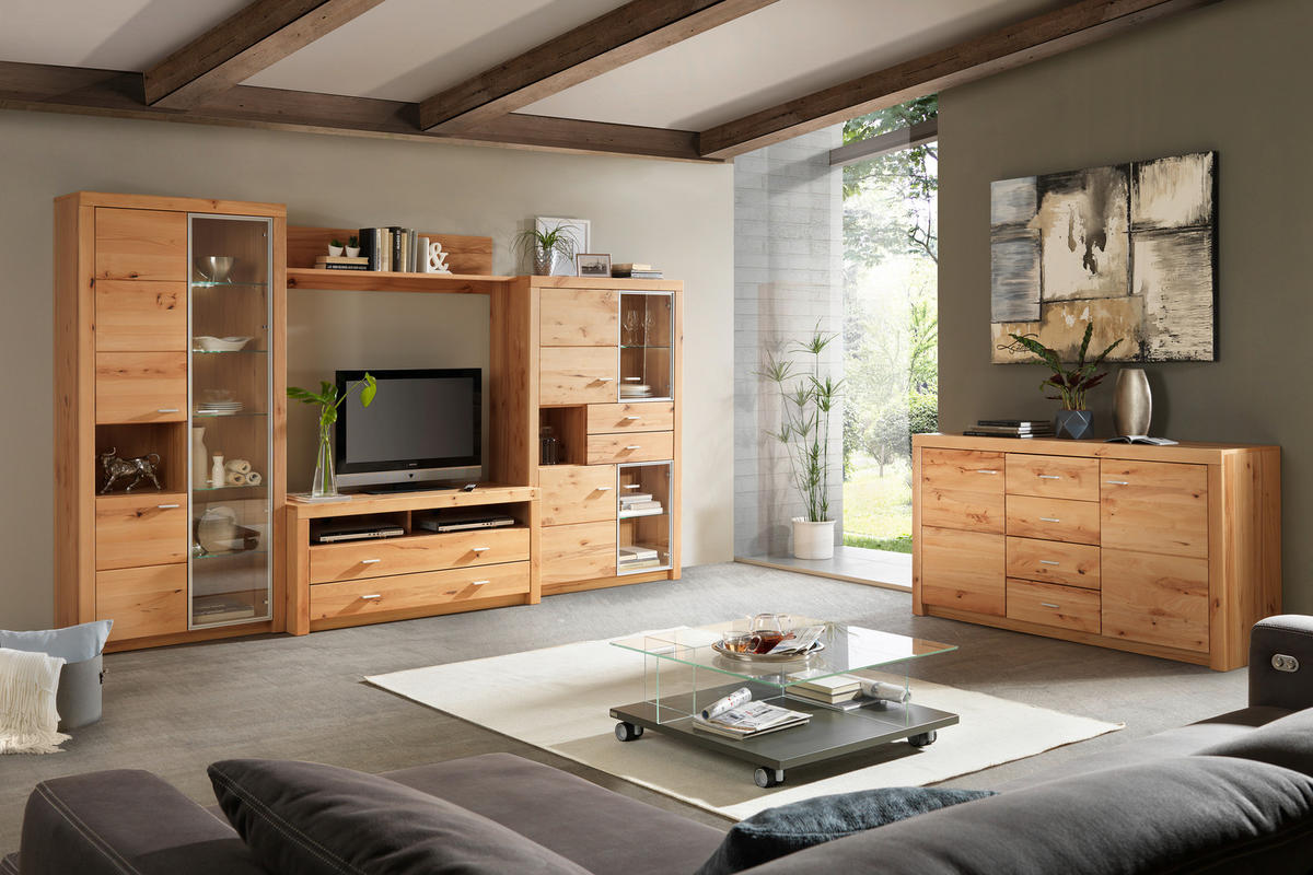 WOHNWAND  in Buchefarben 322/196/50 cm  - Buchefarben/Alufarben, Konventionell, Glas/Holz (322/196/50cm) - Cantus
