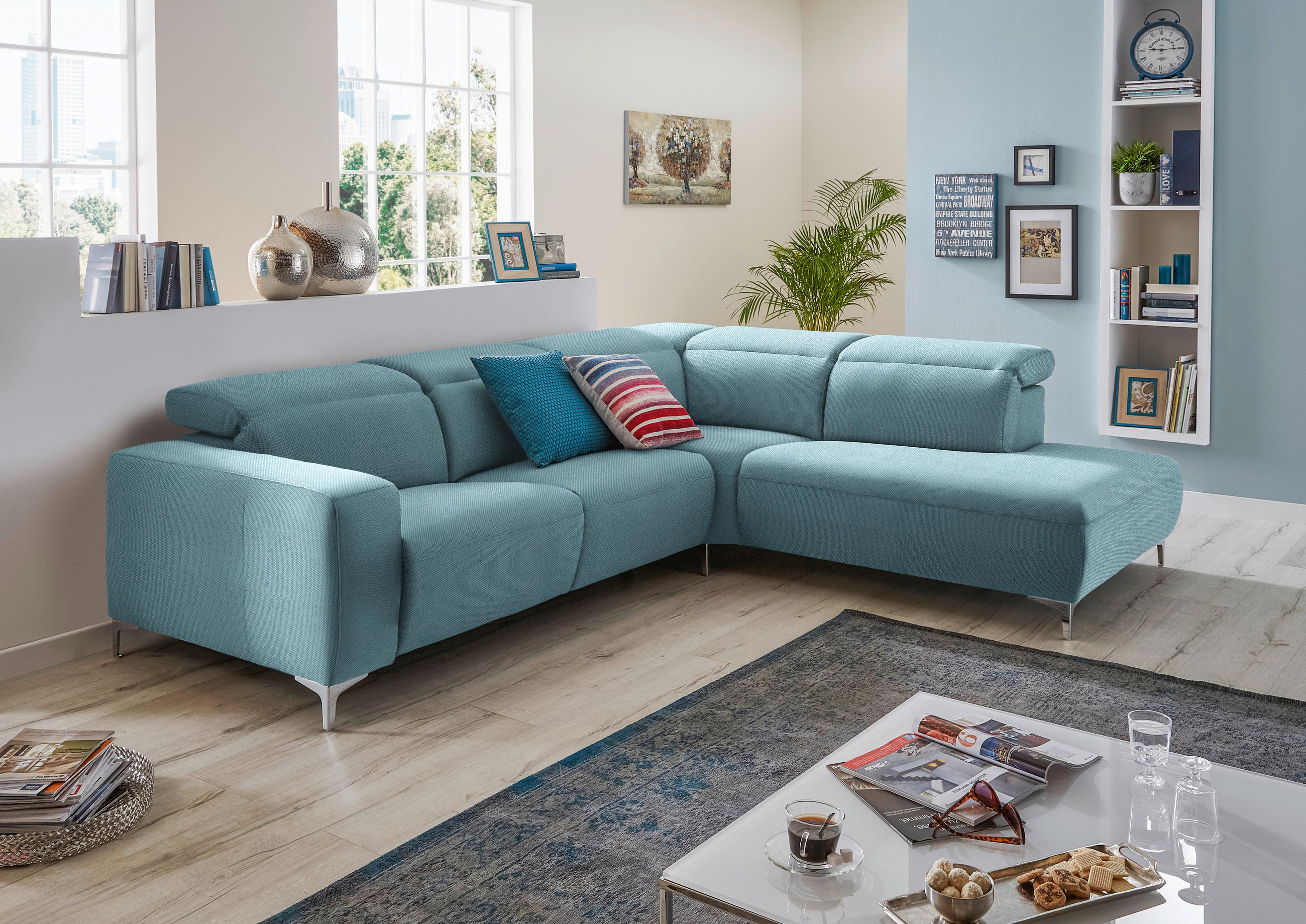 ECKSOFA Hellblau Flachgewebe  - Hellblau, Design, Textil/Metall (238/290cm) - Pure Home Lifestyle