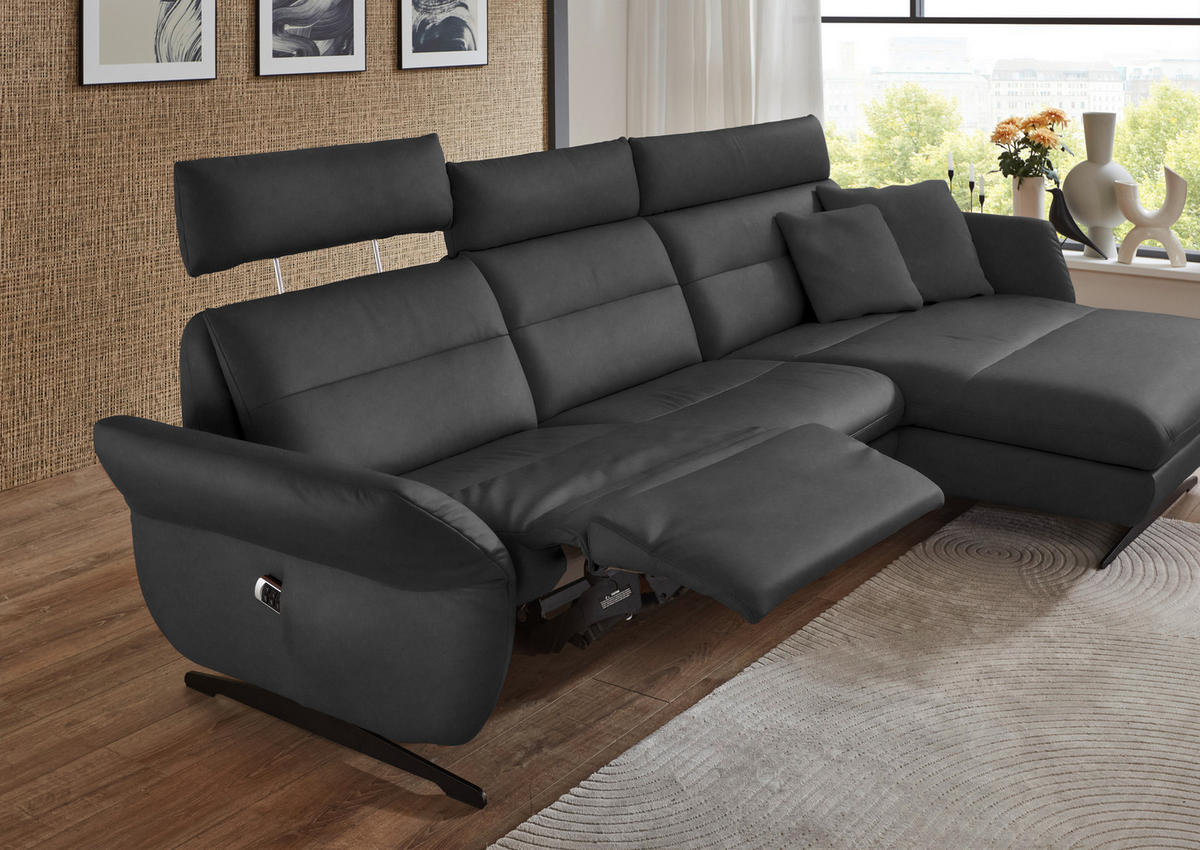 ECKSOFA in Echtleder Anthrazit  - Anthrazit/Schwarz, Design, Leder/Metall (300/157cm) - Dieter Knoll