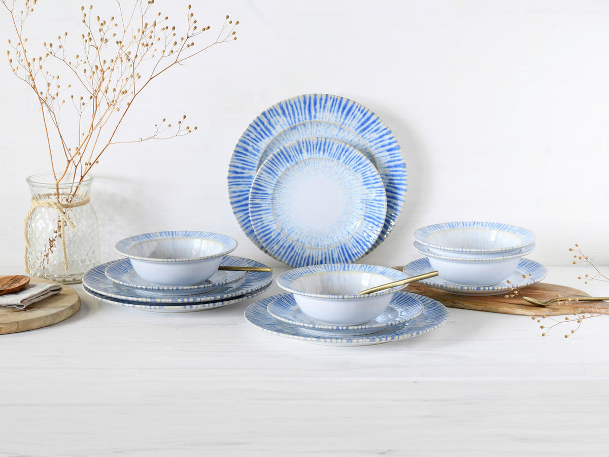 JÍDELNÍ SOUPRAVA, kamenina - bílá/světle modrá, Design, keramika - Creatable