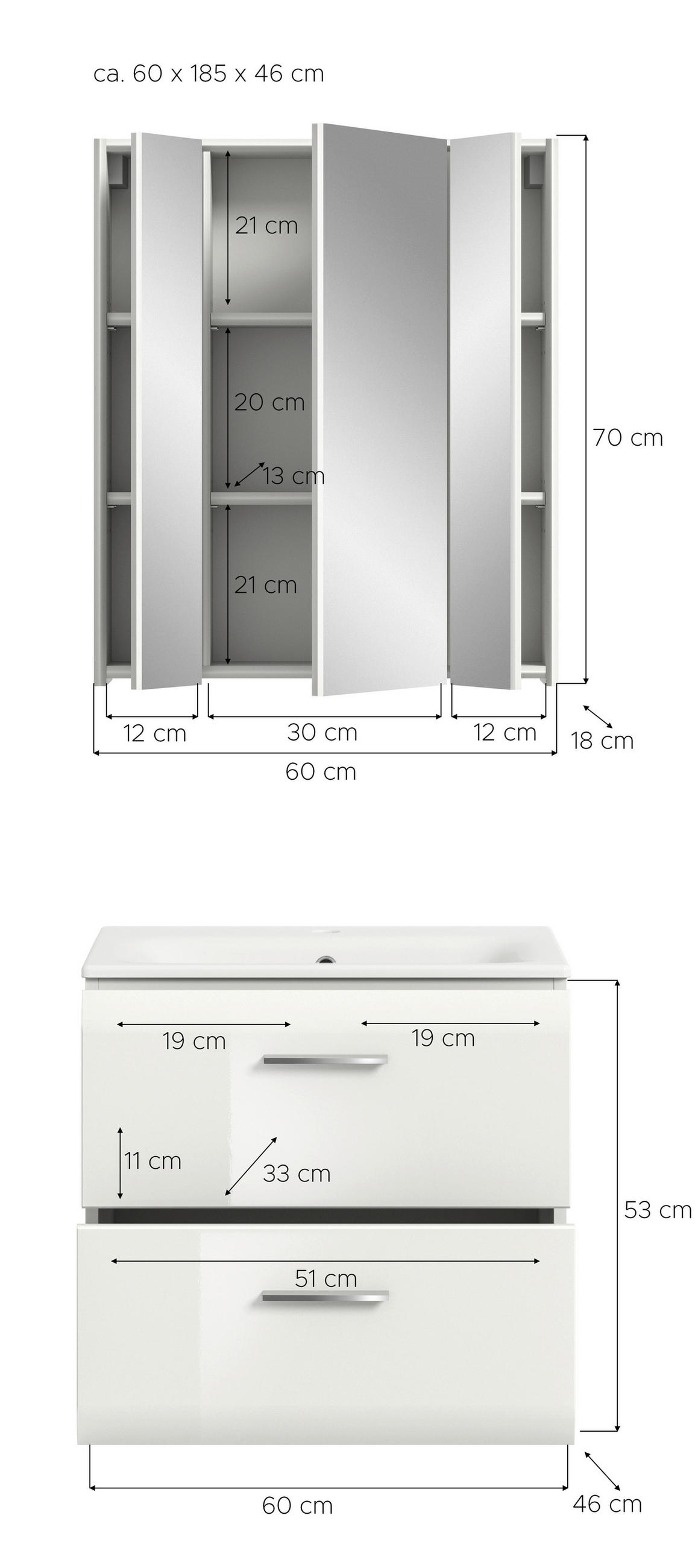 BADEZIMMER 2-teilig 60 cm  - Weiss Hochglanz/Weiss, Modern, Keramik/Holzwerkstoff (60cm) - MID.YOU