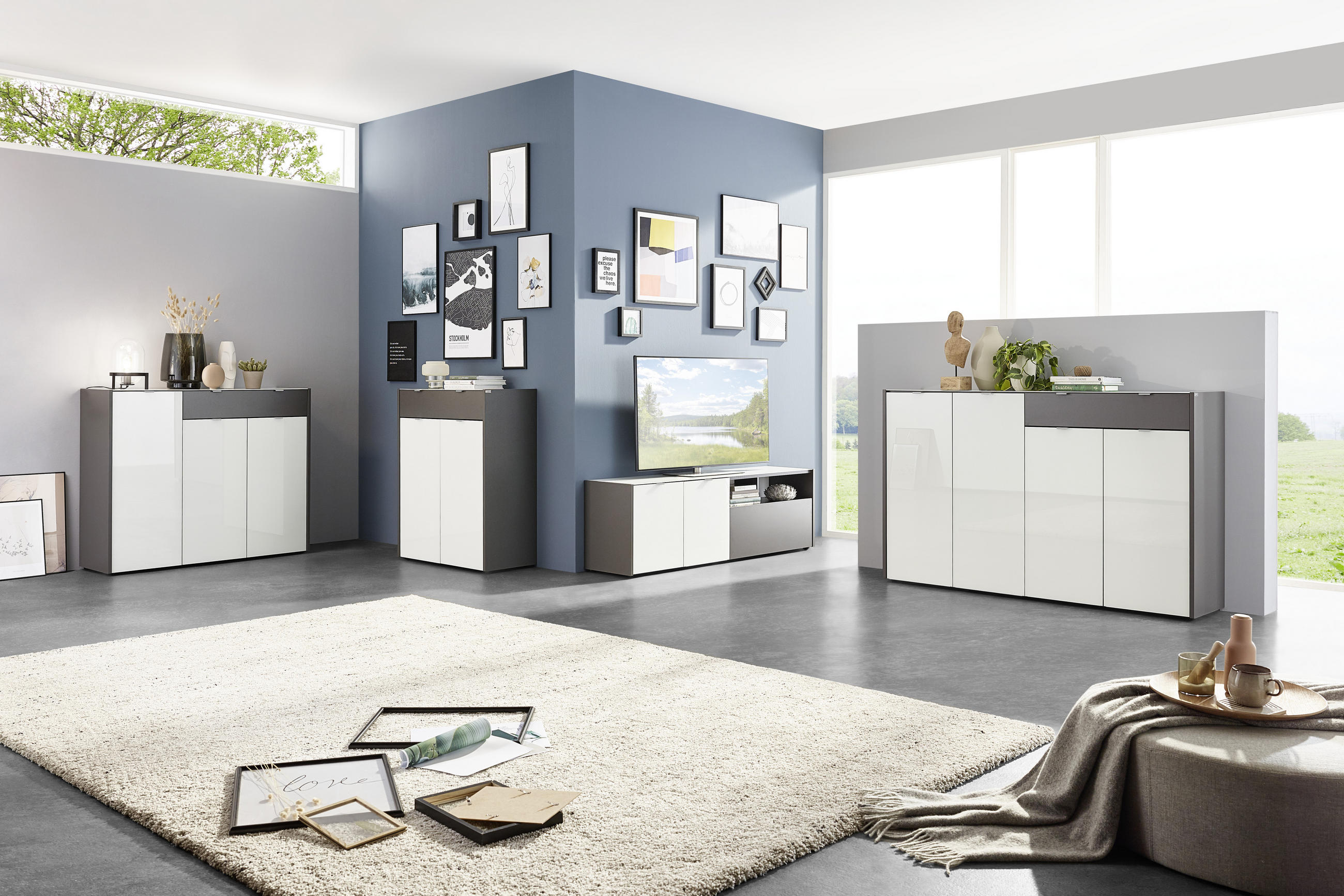 LOWBOARD  in 177/55/40 cm  - Weiss/Alufarben, Konventionell, Glas/Holzwerkstoff (177/55/40cm) - Voleo