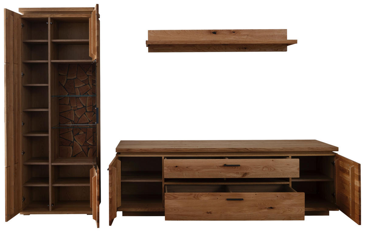 WOHNWAND 3-teilig  Eichefarben 300/204/50 cm  LED-Leuchtmittel   - Eichefarben/Schwarz, Natur, Glas/Holz (300/204/50cm) - Linea Natura