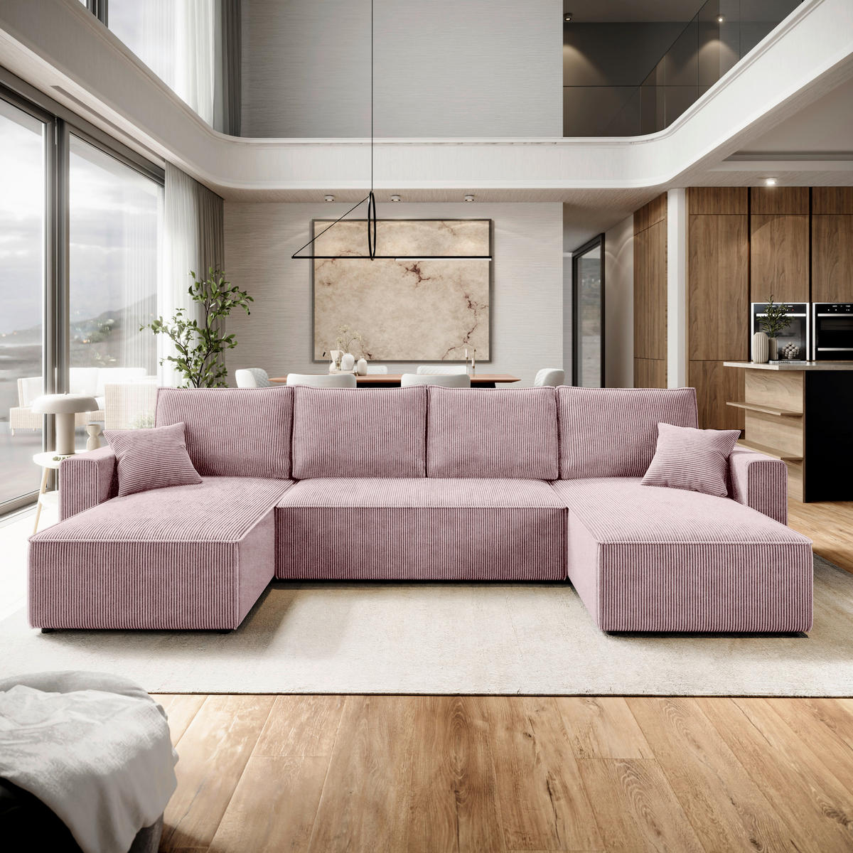 WOHNLANDSCHAFT Altrosa Cord  - Schwarz/Altrosa, KONVENTIONELL, Kunststoff/Textil (140/305/140cm) - Carryhome