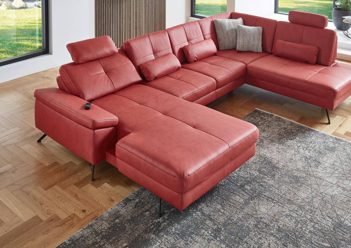 WOHNLANDSCHAFT in Lederlook, Mikrofaser Rot  - Rot/Schwarz, Design, Textil/Metall (179/345/220cm) - Beldomo System