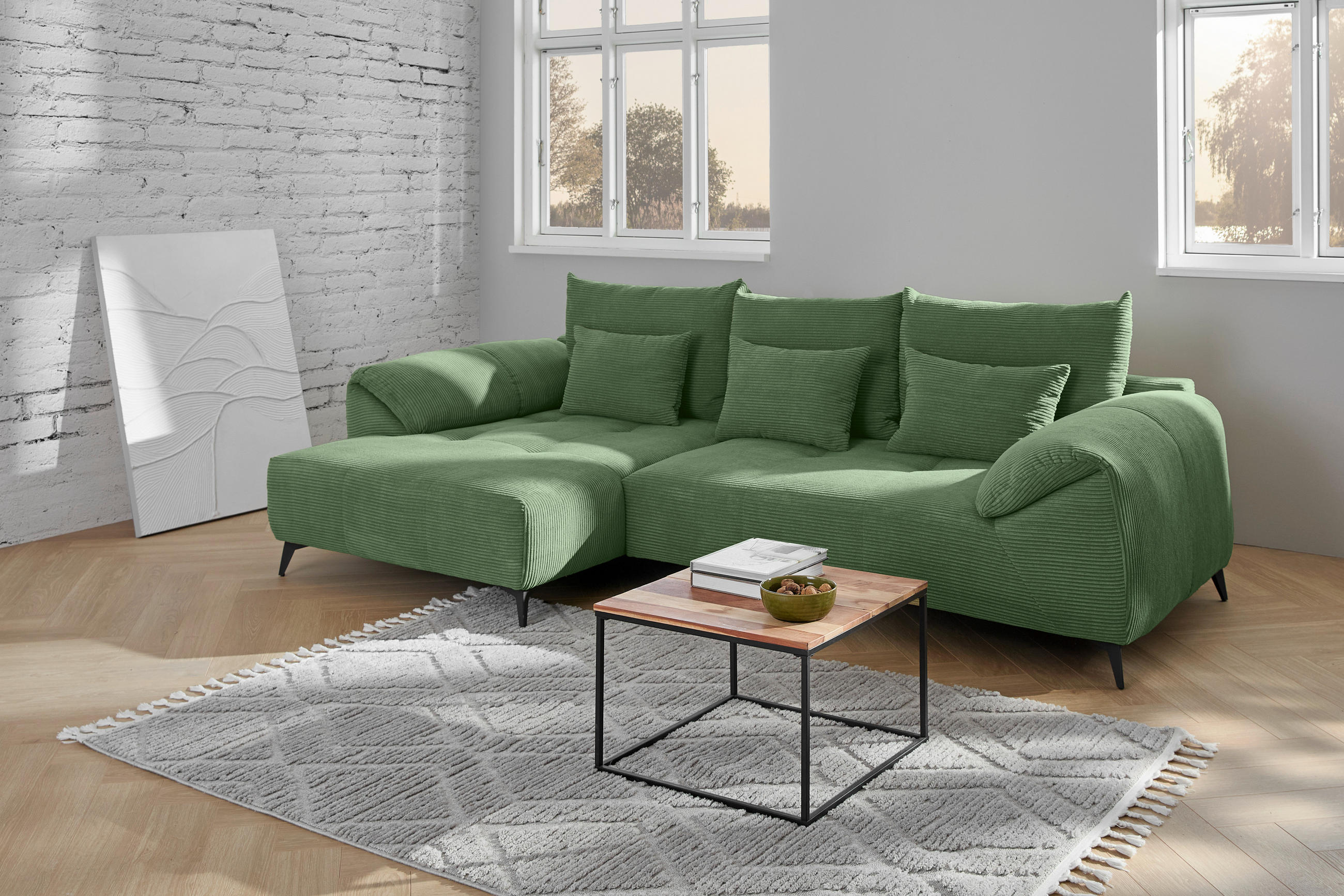 ECKSOFA in Cord Olivgrün  - Schwarz/Olivgrün, Konventionell, Textil/Metall (176/311cm) - Carryhome