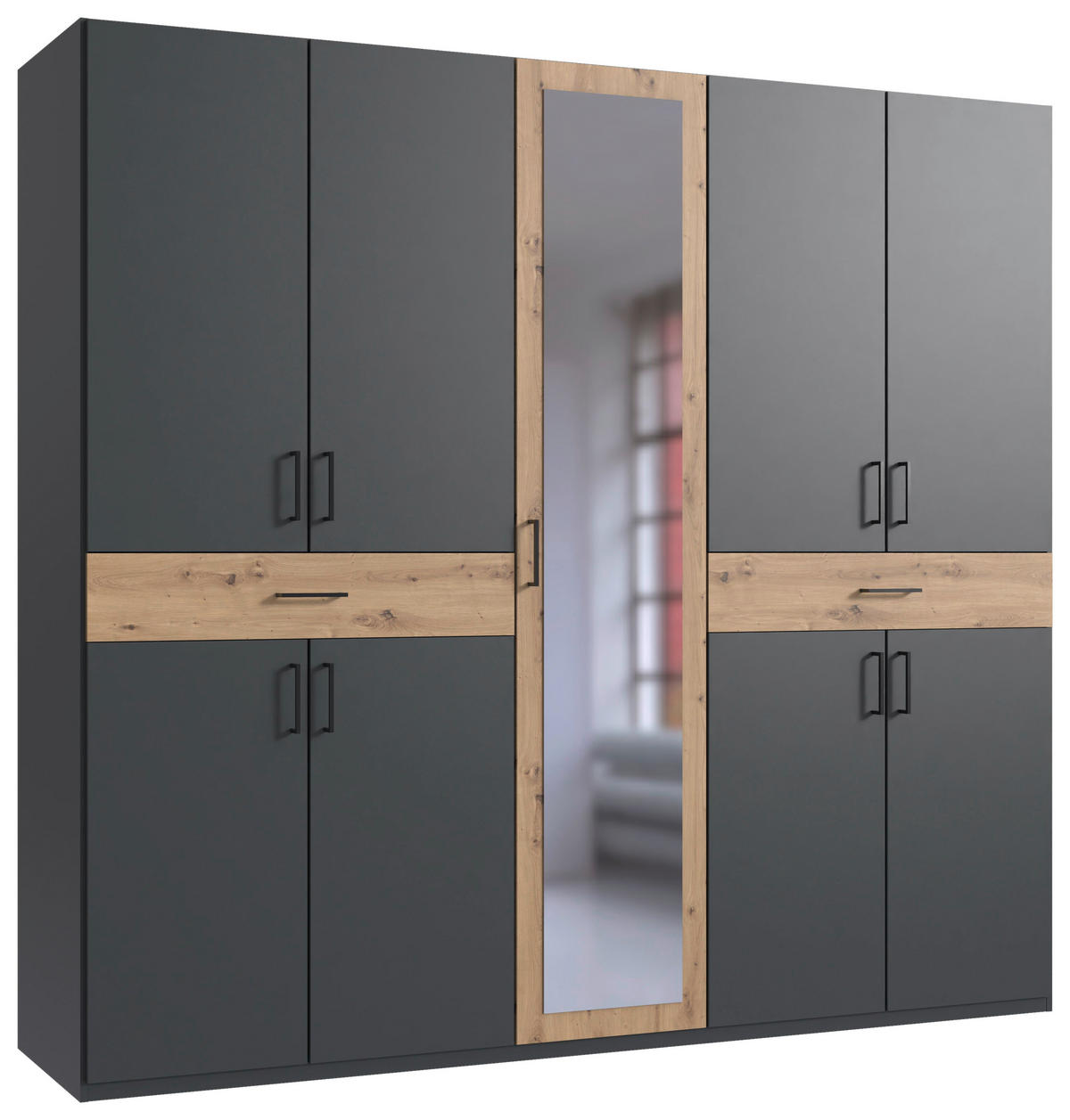 DREHTÜRENSCHRANK in Graphitfarben, Eiche Artisan  - Schwarz/Graphitfarben, Konventionell, Glas/Holzwerkstoff (225/208/58cm) - Carryhome