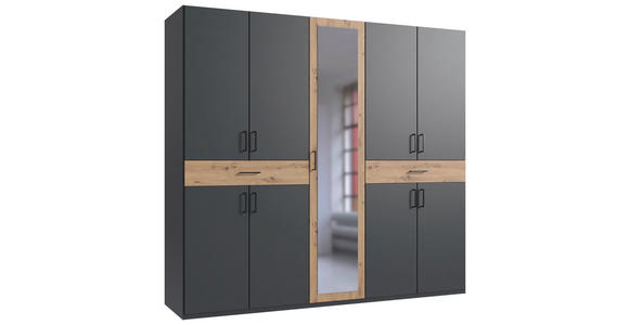 DREHTÜRENSCHRANK in Graphitfarben, Eiche Artisan - Schwarz/Graphitfarben, KONVENTIONELL, Glas/Holzwerkstoff (225/208/58cm) - Carryhome
