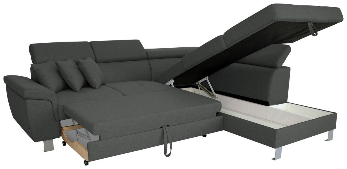 ECKSOFA inkl. Funktionen Grau Webstoff  - Silberfarben/Grau, Design, Textil/Metall (257/226cm) - Xora