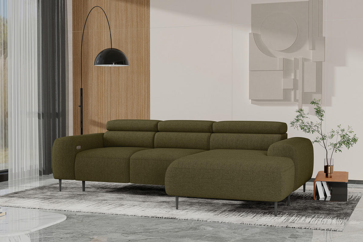 ECKSOFA Braun, Grün Struktur Rücken echt, Kopfteilverstellung, Sitztiefenverstellung  - Schwarz/Braun, MODERN, Textil/Metall (274/179cm) - Welnova