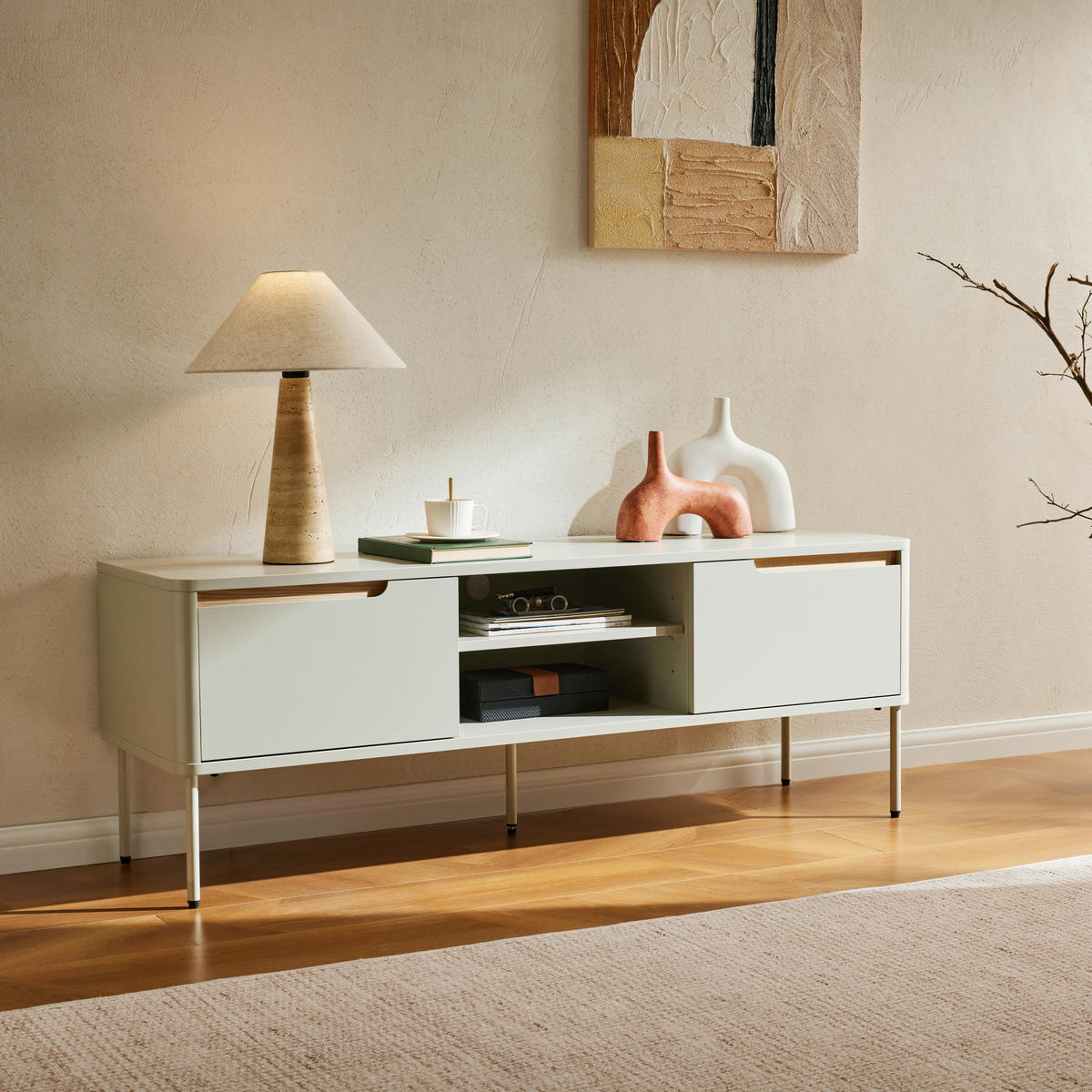 TV-BÄNK  i 140/51/40 cm  - gråvit/ekfärgad, Design, metall/trämaterial (140/51/40cm) - Carryhome