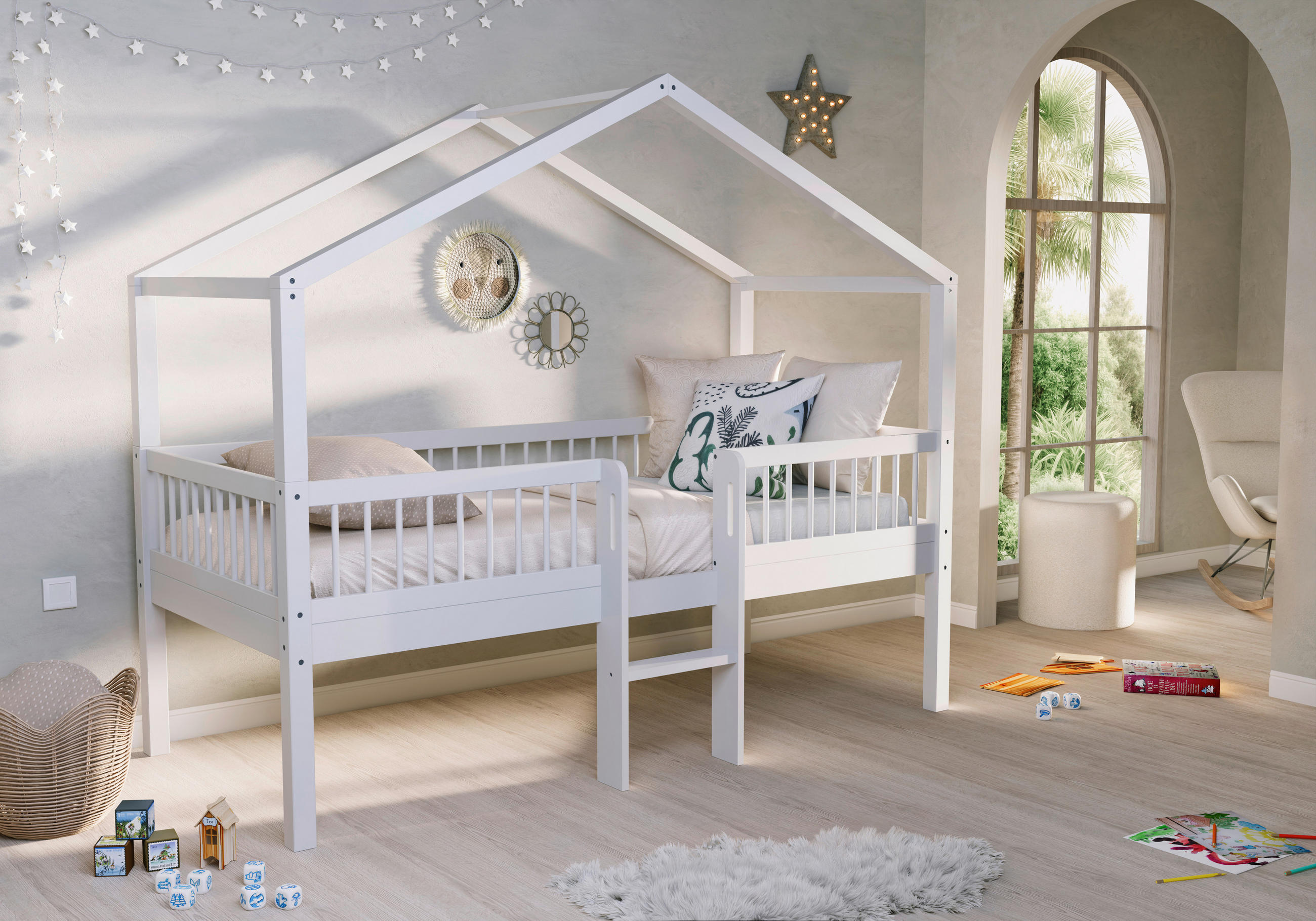 HAUSBETT Absturzsicherung, Leiter, Rollrost 90/200 cm  in Weiß  - Naturfarben/Weiß, MODERN, Holz (90/200cm) - Vipack