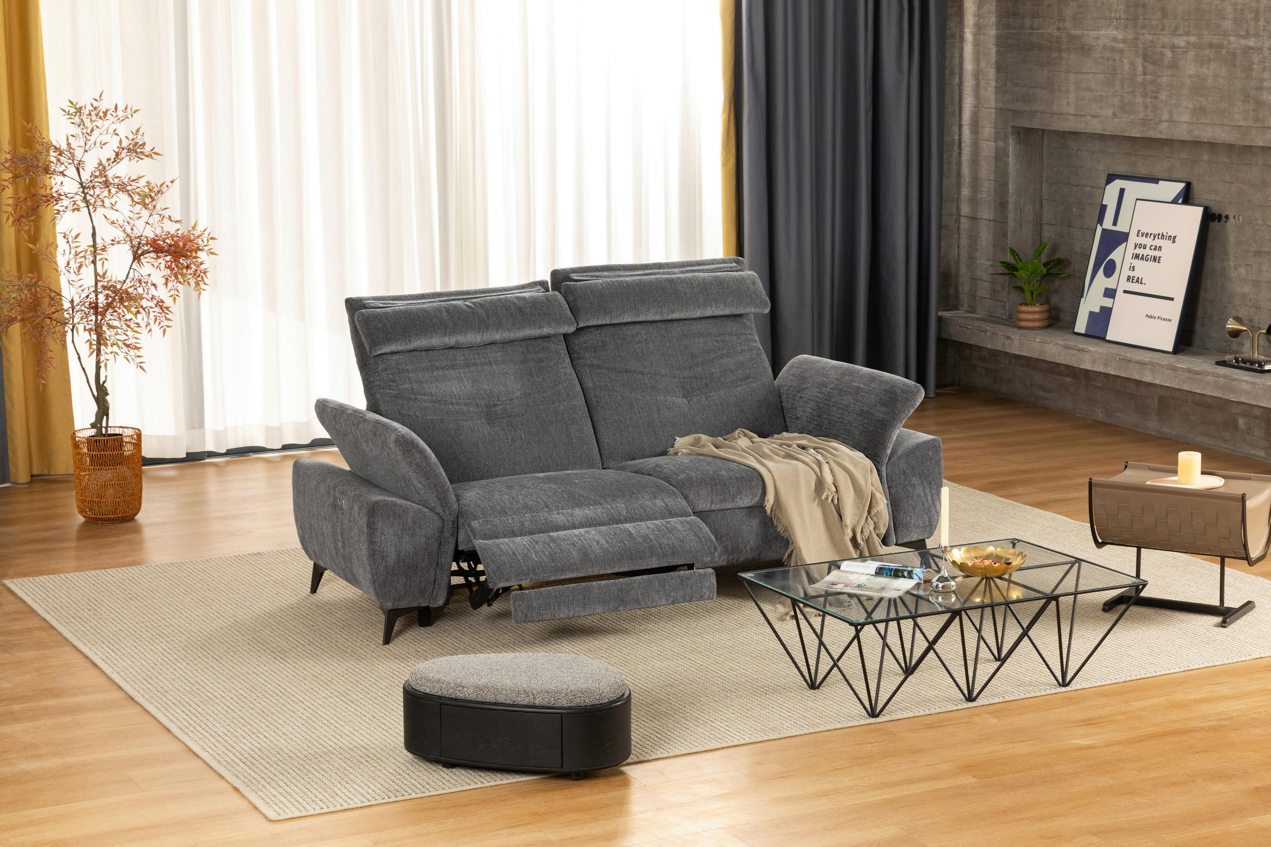 2-SITZER-SOFA in Mikrofaser Dunkelgrau  - Dunkelgrau/Schwarz, Design, Textil/Metall (222cm) - Livetastic