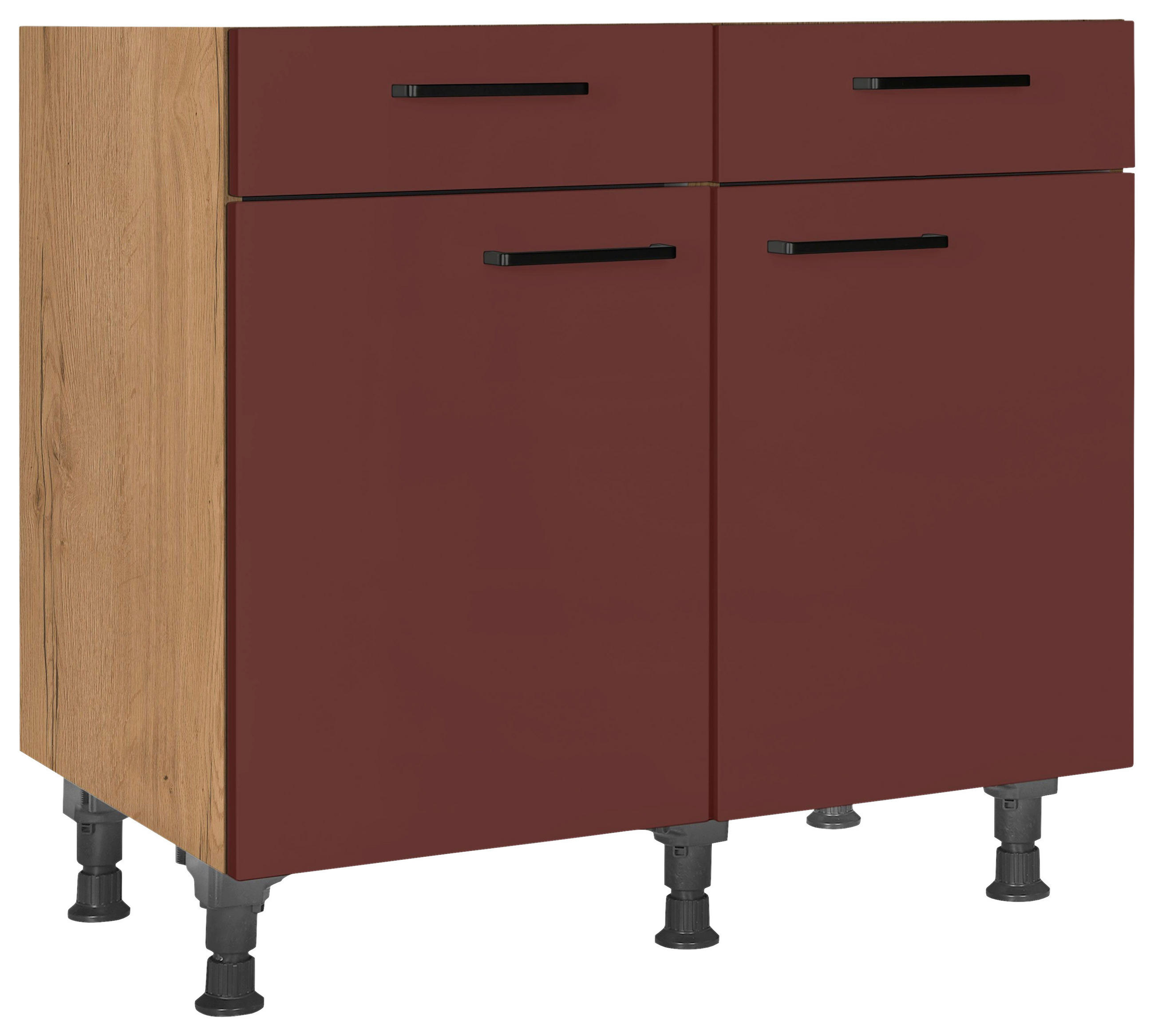 Nobilia Schubkastenunterschrank Easytouch Rot, Eiche 90x87x56 cm