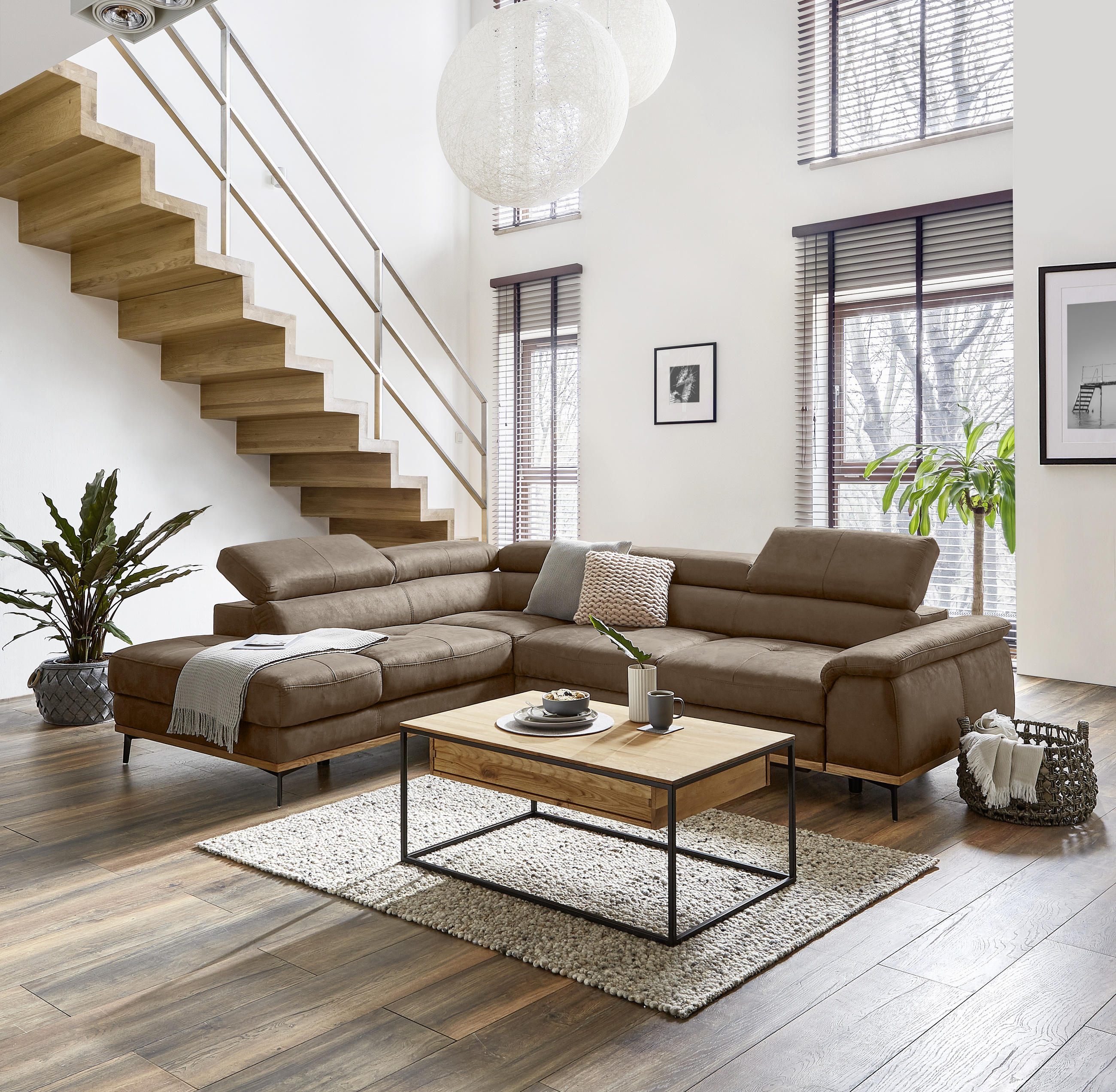 ECKSOFA inkl.Funktionen Rotbraun Lederlook  - Rotbraun/Schwarz, Natur, Holz/Textil (226/282cm) - Novel
