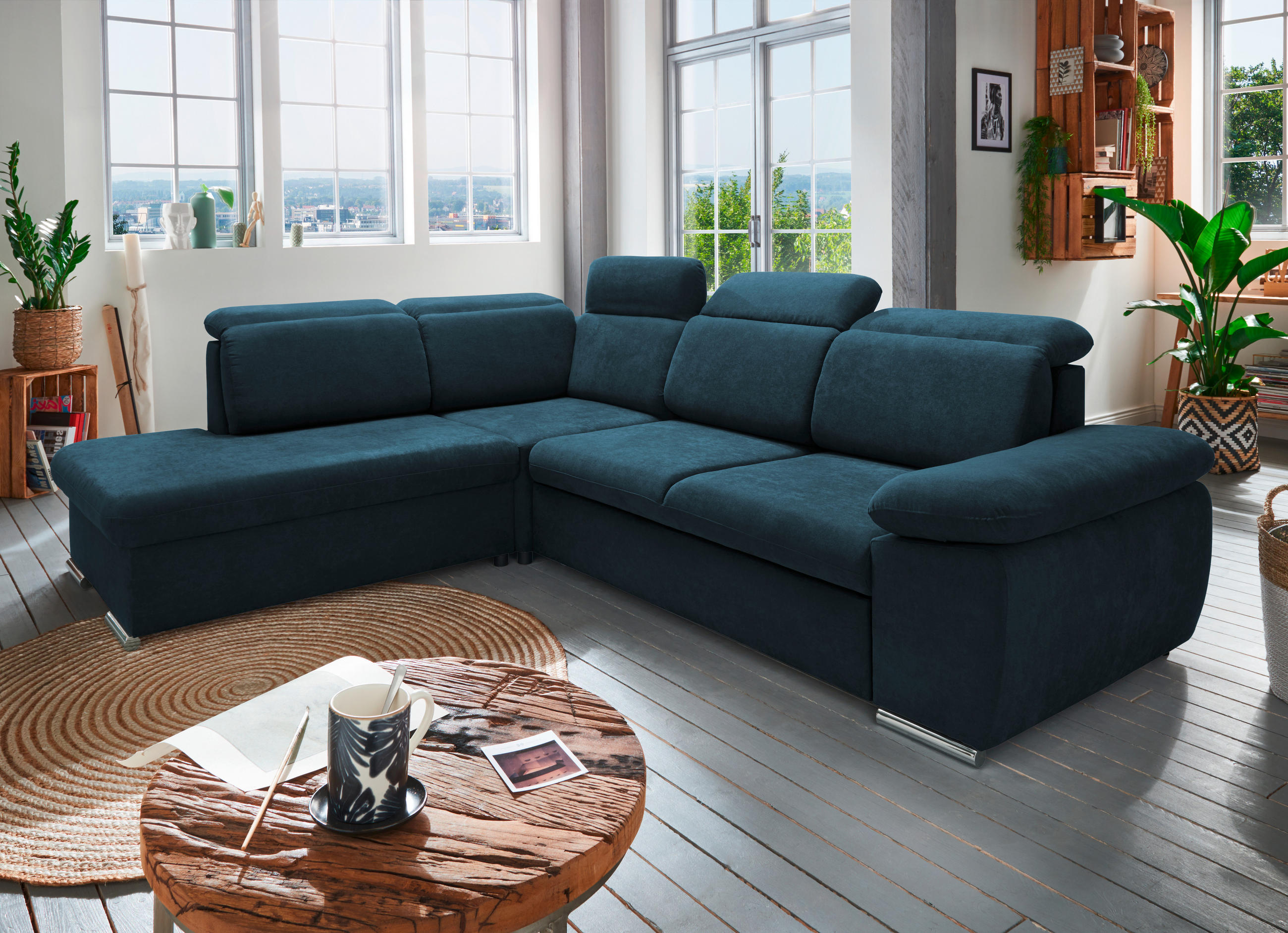 ECKSOFA Dunkelblau Mikrofaser - Chromfarben/Dunkelblau, Design, Textil/Metall (228/283cm) - Livetastic