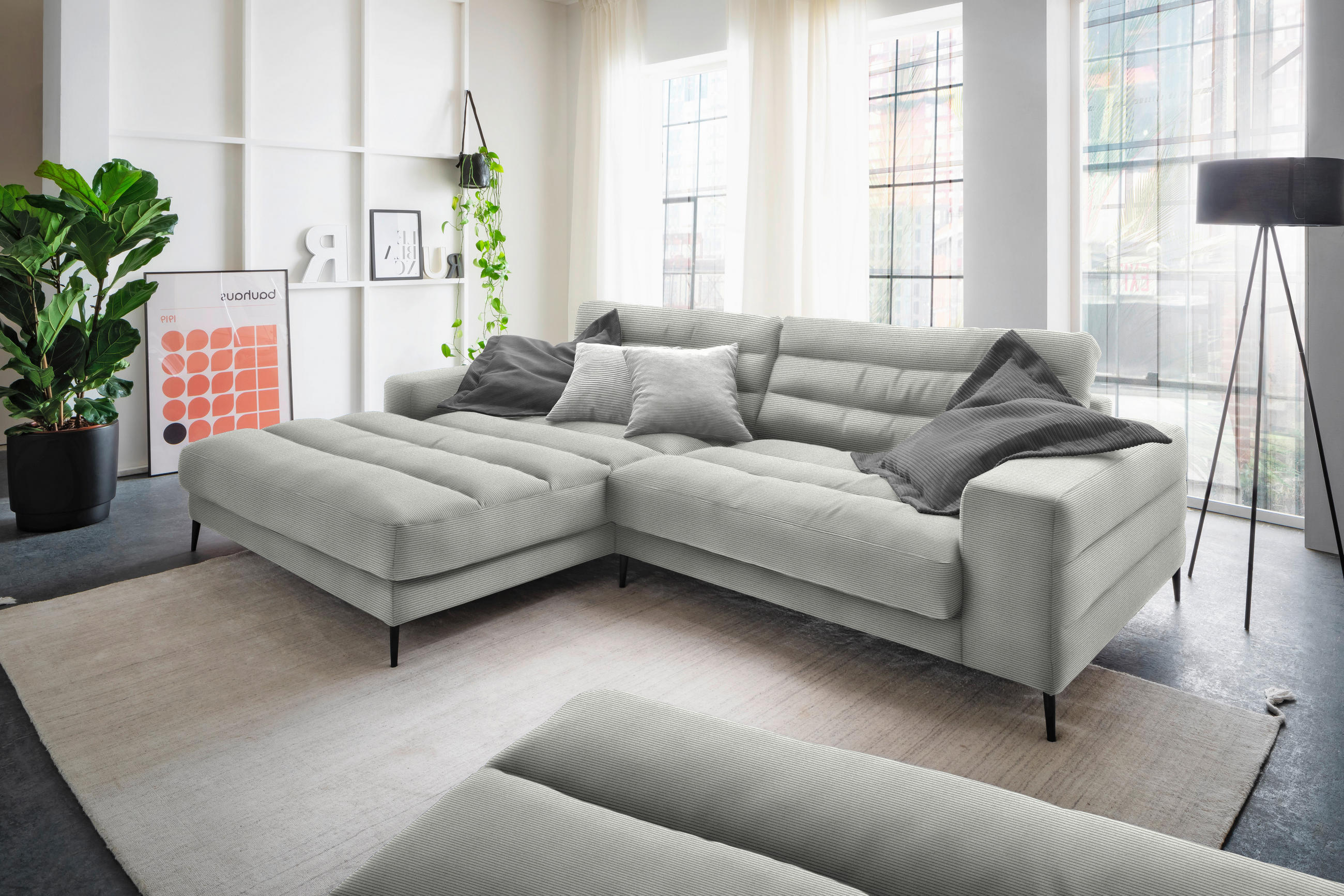 ECKSOFA in Cord Hellgrau  - Hellgrau/Schwarz, Design, Textil/Metall (207/296cm) - Dieter Knoll