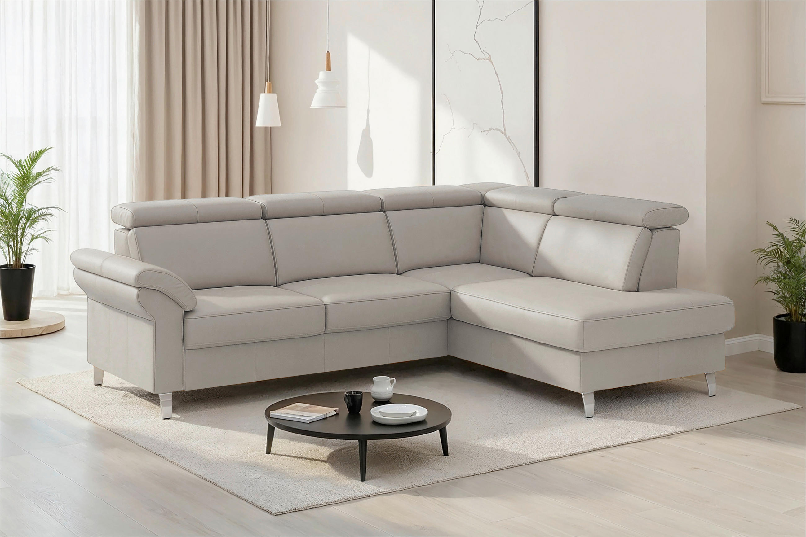 ECKSOFA 245/194 cm ARNGAST E in Echtleder Hellgrau Kopfteilverstellung  245/194 cm  - Chromfarben/Hellgrau, Basics, Leder/Textil (245/194cm) - Sit & More